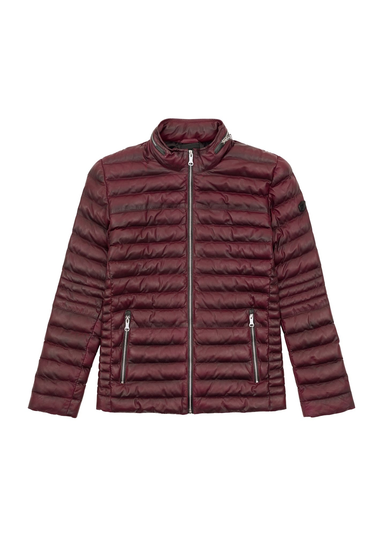 Burgundy men's insulated leather jacket KURMS-0379-3359(Z25), product visible from the front on a white background.