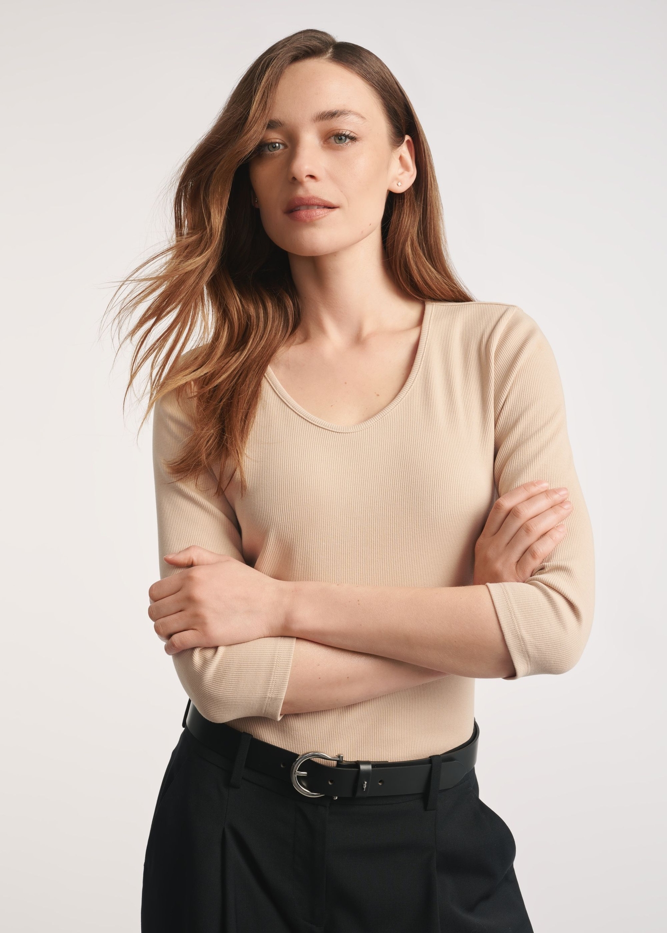 Beige women's V-neck blouse LSLDT-0036-1A(W26) - front product view, against a light background. Half of the silhouette visible.