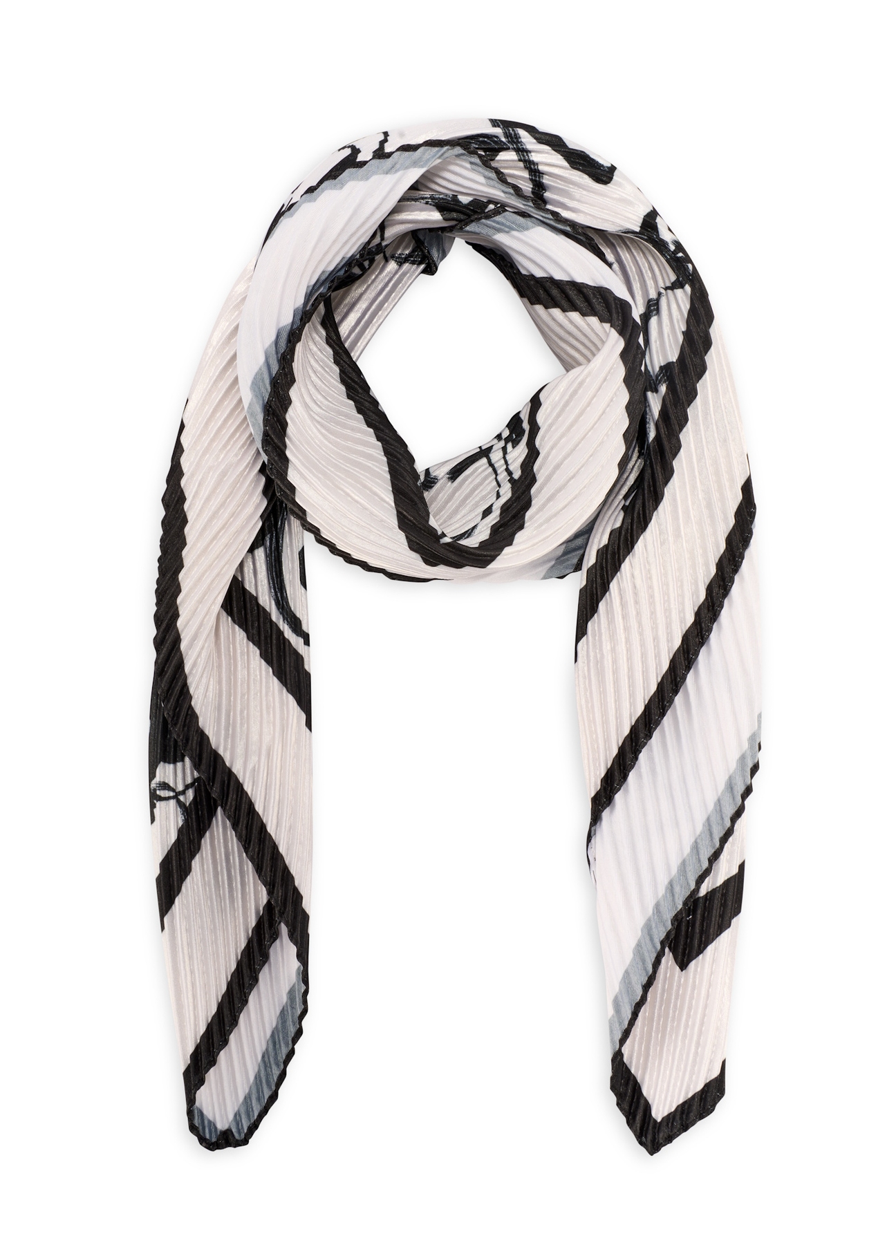 Beige women's scarf with black patterns SZADT-0172-1P(W26), front product view on a white background.