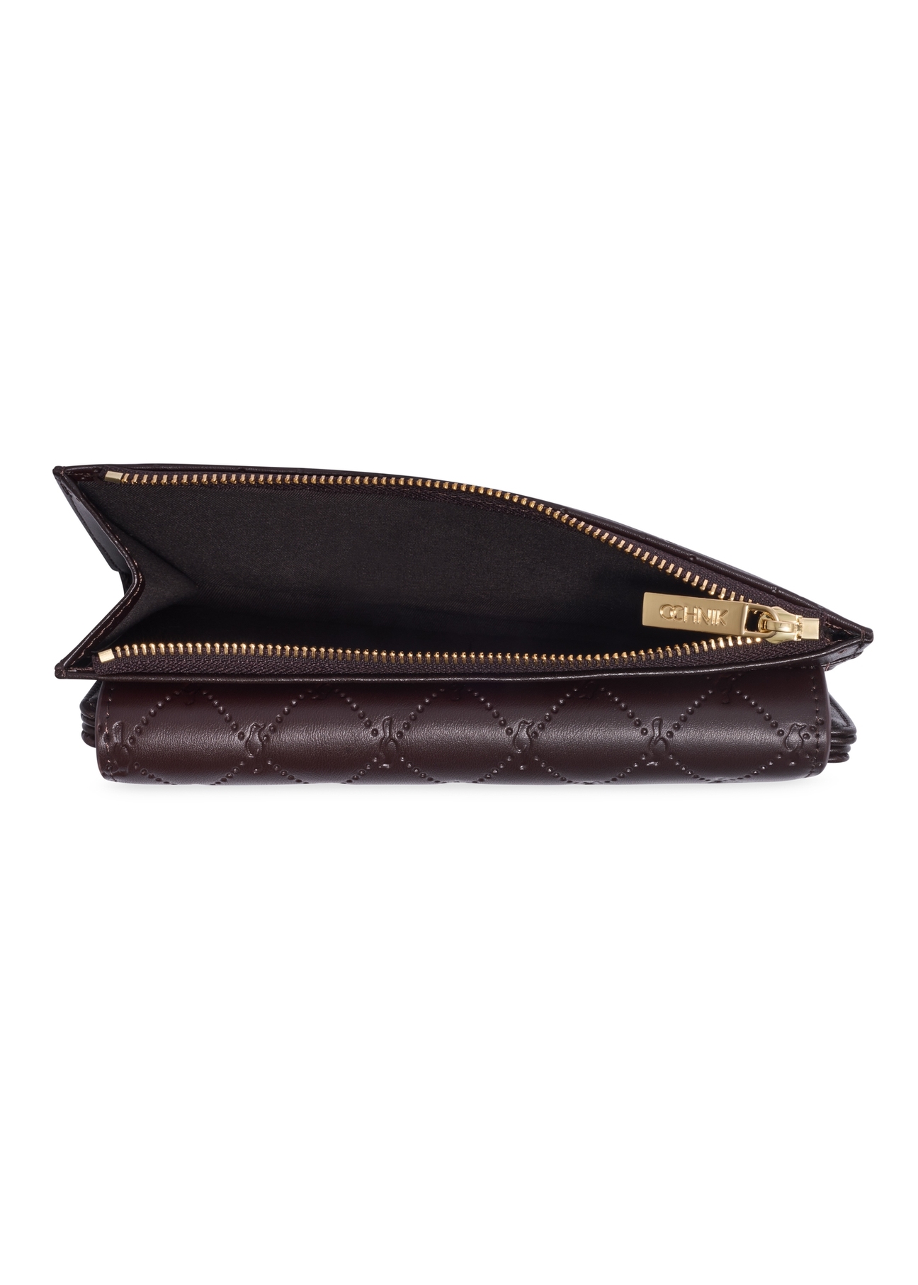 Large brown women's wallet with monogram POREC-0347A-1I(Z26), product view inside on white background.