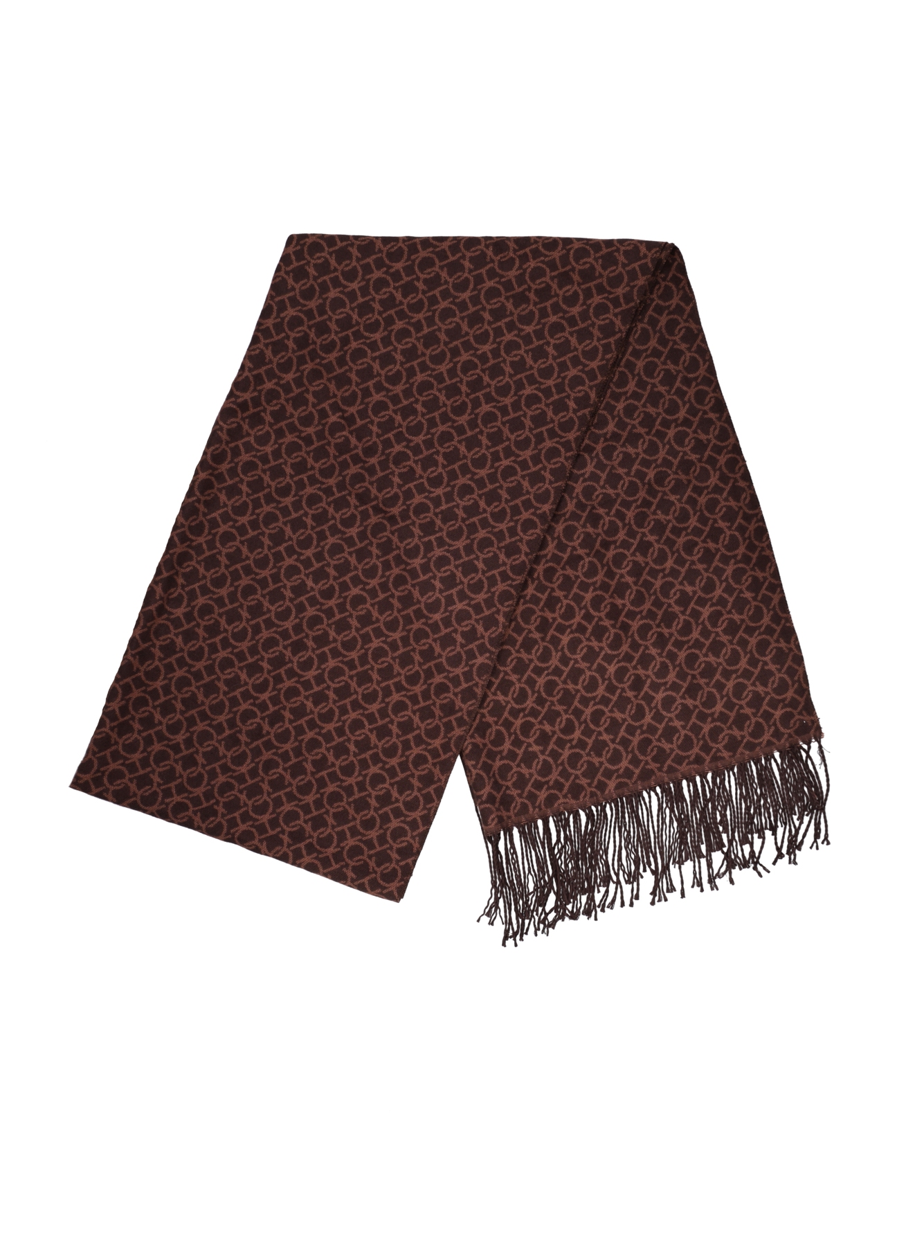 Women's double-sided scarf with monogram SZADT-0235-1I(Z26) - close-up of the detail, on a white background.
