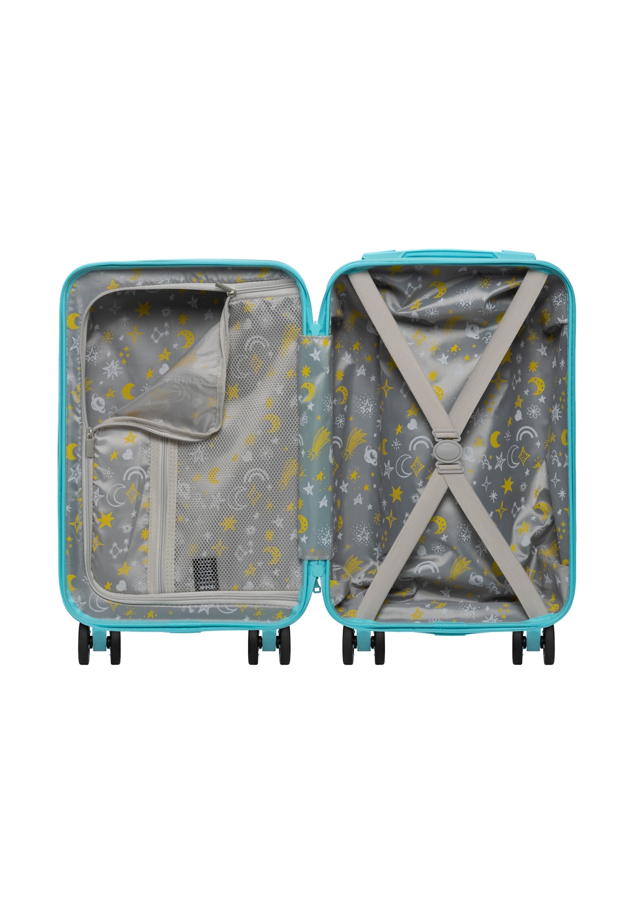 Small blue suitcase on wheels WALAB-0087-7B-18(W26), product view inside on white background.