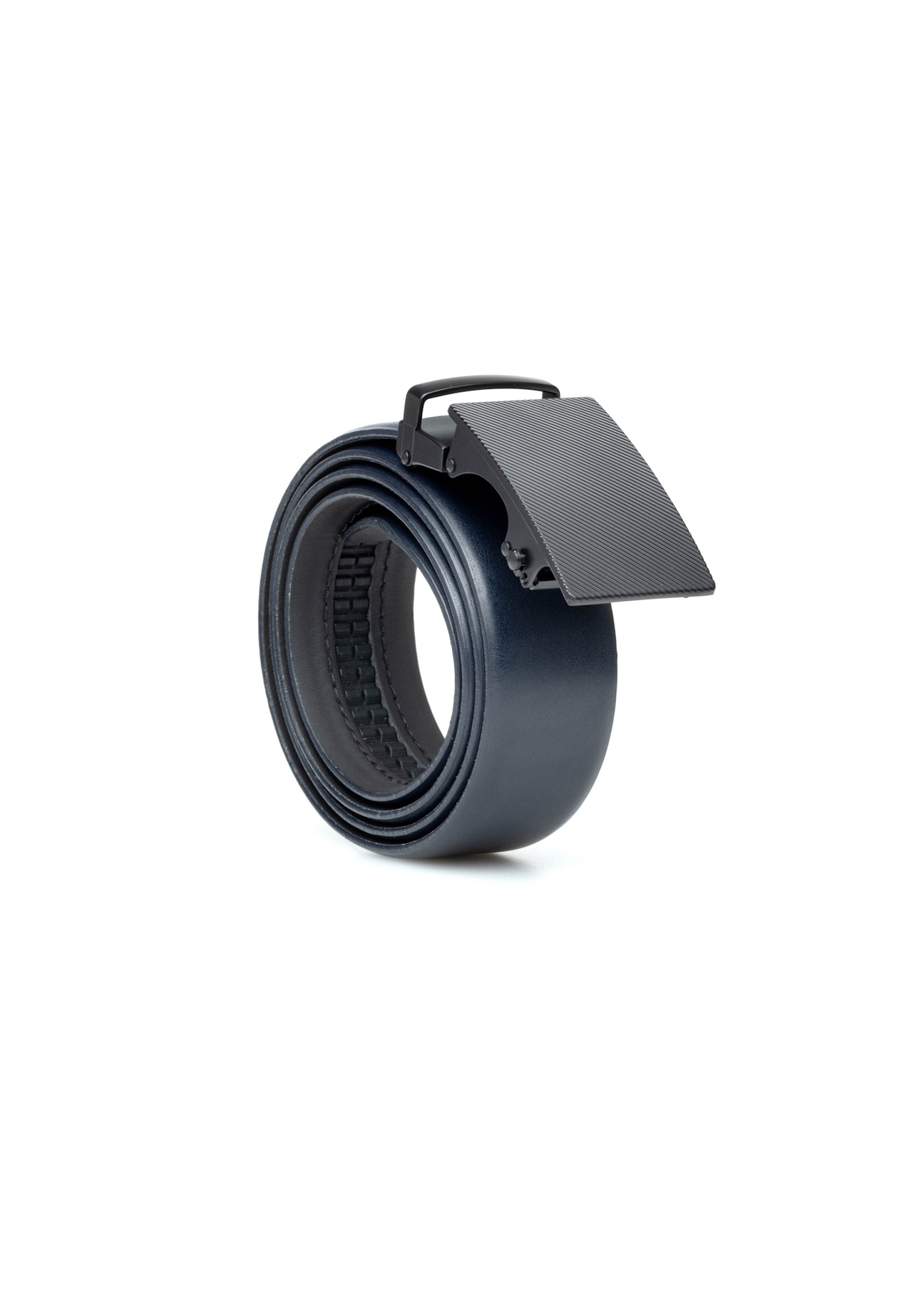 Men's navy blue leather belt PASMS-0269-7E(W26), diagonal product view on white background.