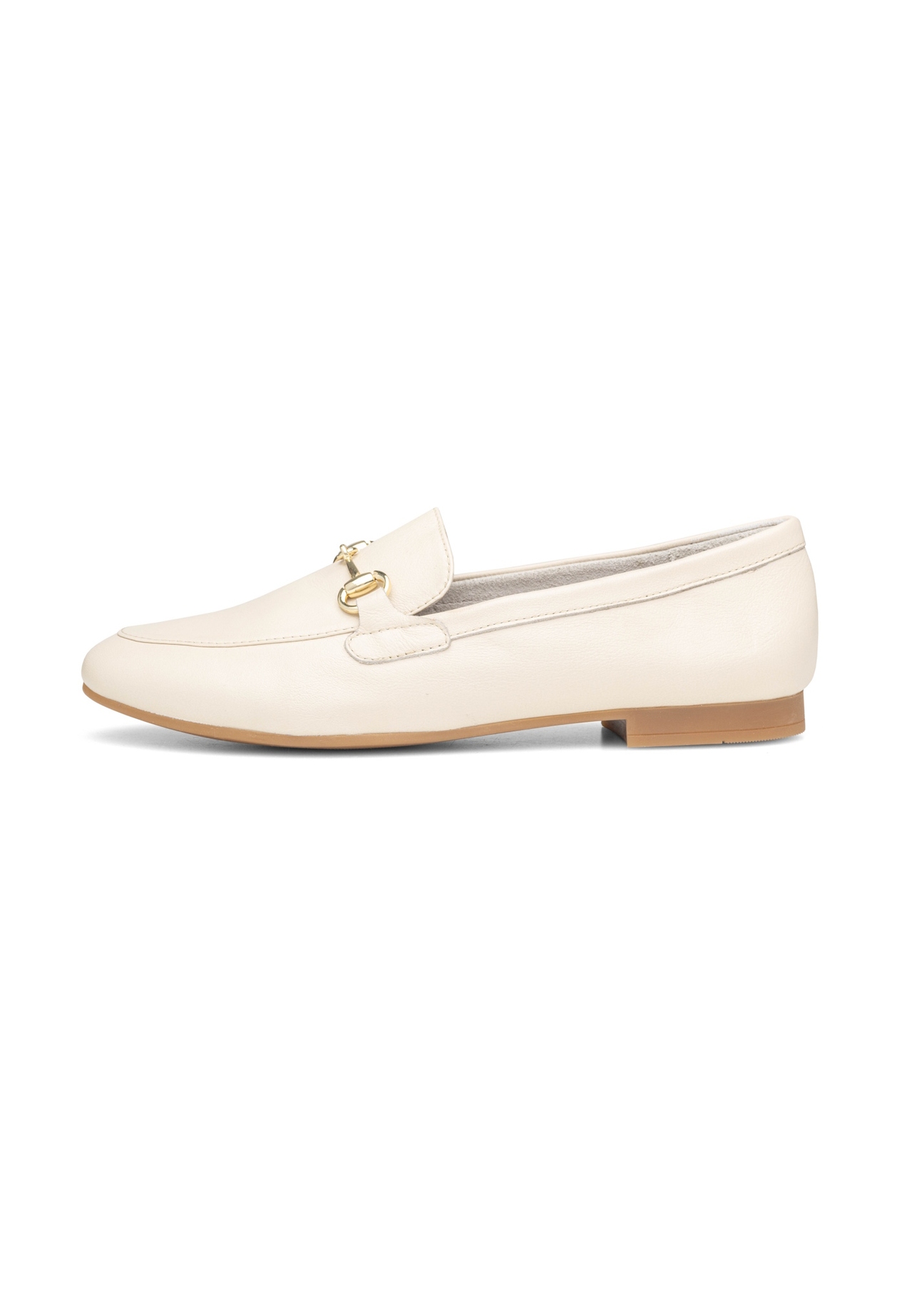Women's leather cream moccasins with buckle BUTYD-0916A-0B(W26), side product view on white background.