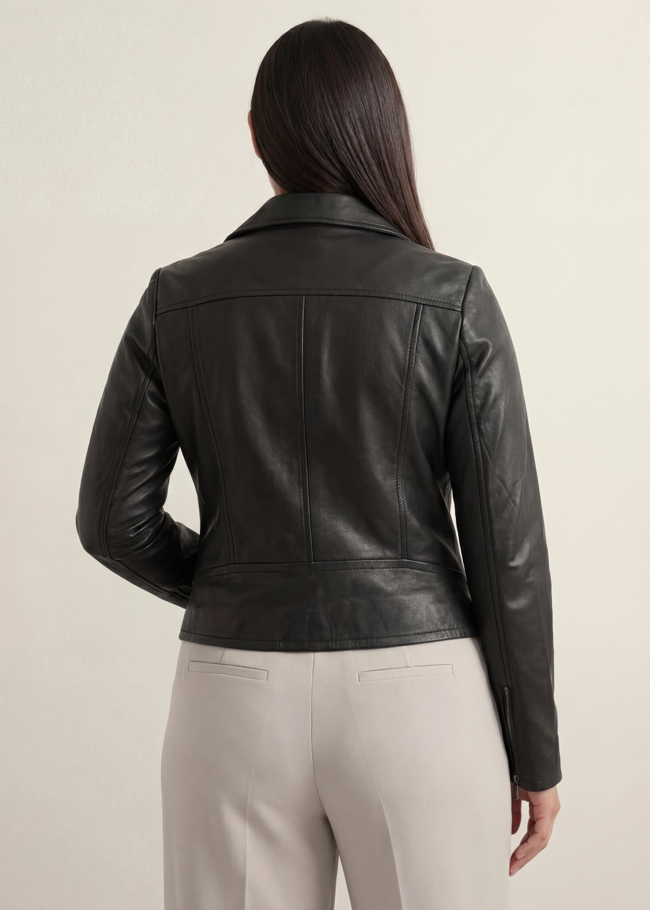 Women's PLUS SIZE leather biker jacket KURDS-0274L-99(KS), product view from the back on the model, half of the silhouette visible.