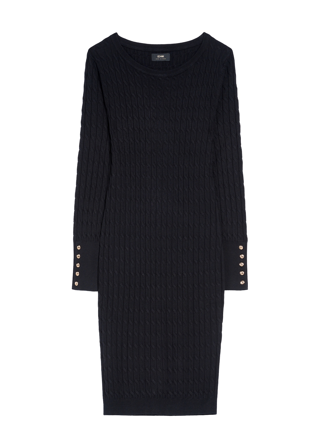 Black cable knit midi dress SUKDT-0202A-99(Z25), front product view on white background.