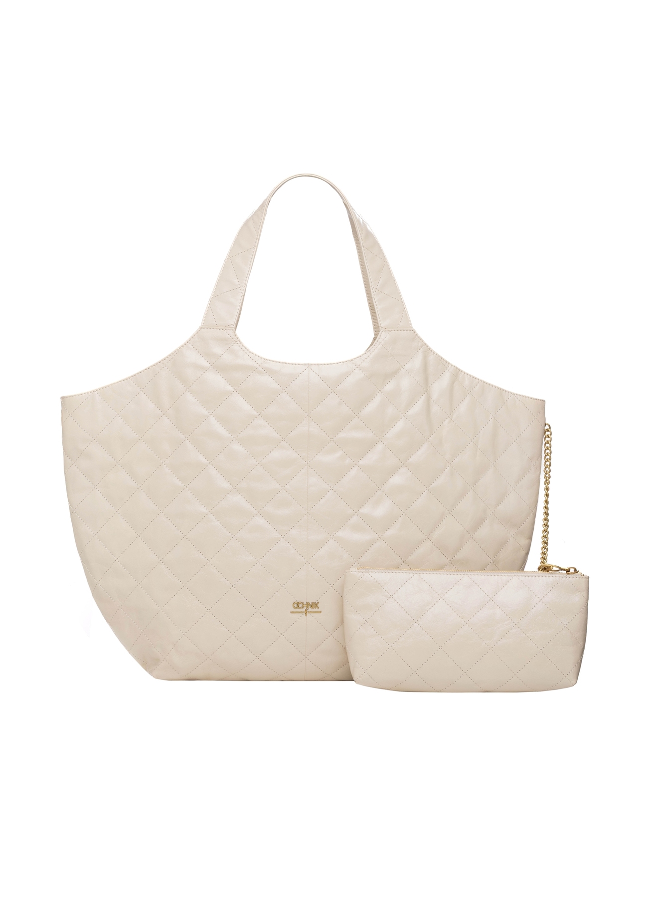 Large quilted leather women's handbag TORES-1306-0B(W26), product view with cosmetic bag on white background.