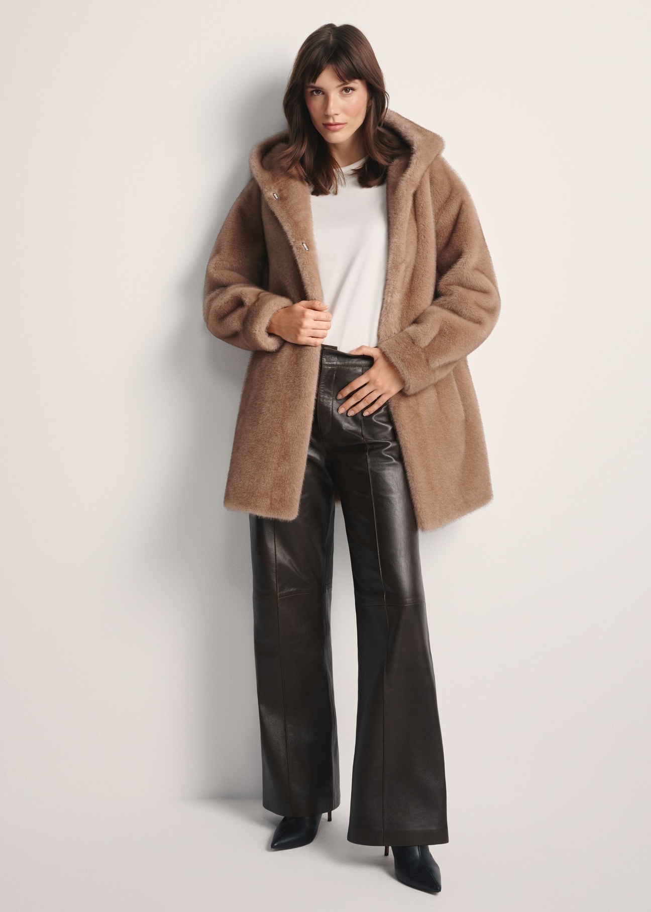 Women's beige fur coat with hood FUTDP-0062-1B(Z26)  front view of the product on the model. Full body visible.