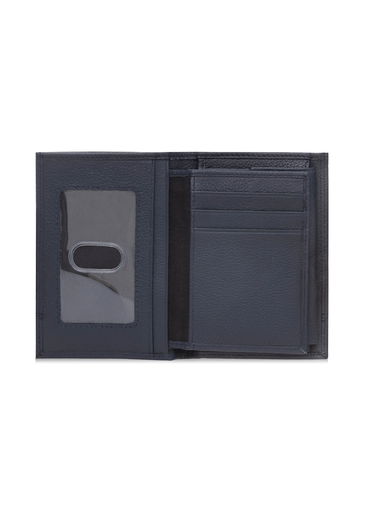 Navy blue men's leather wallet PORMS-0022B-69(W25), interior view of the product on a white background.
