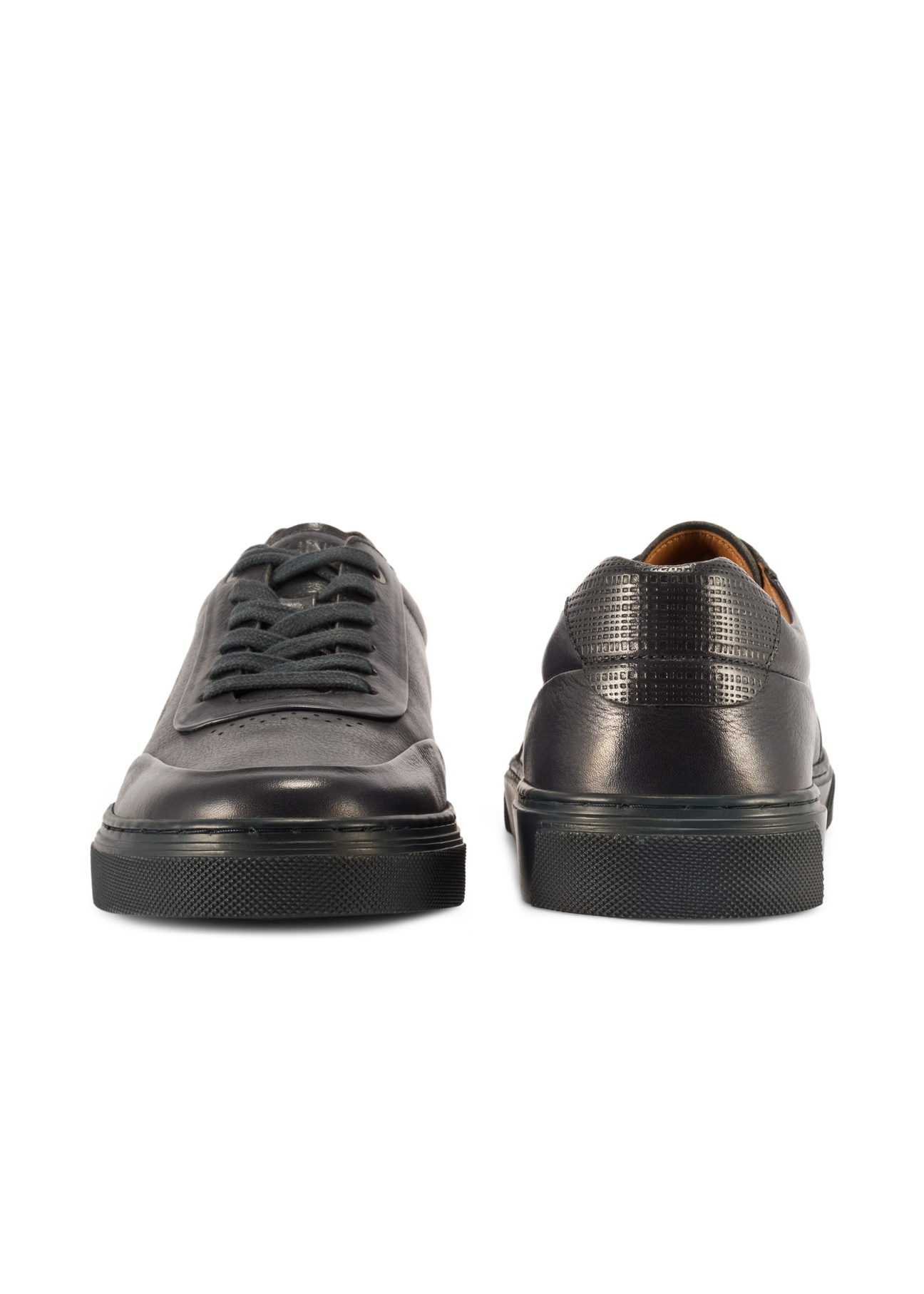 Men's navy blue leather sneakers BUTYM-0484-7E(W26) - front and back product view, on a white background.