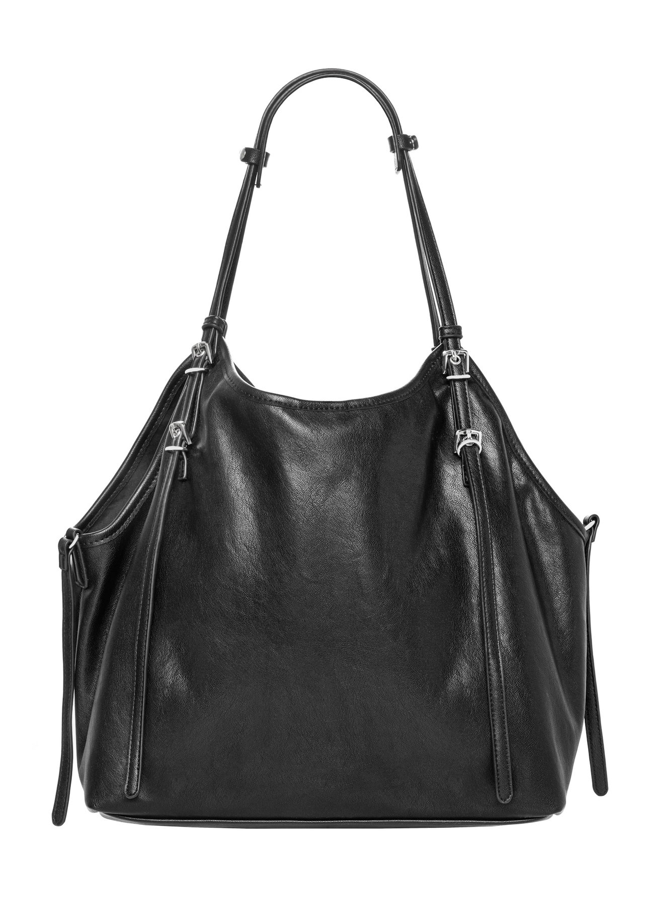 Women's black imitation leather shopper bag TOREC-1371-99(Z26), back view of the product on a white background.