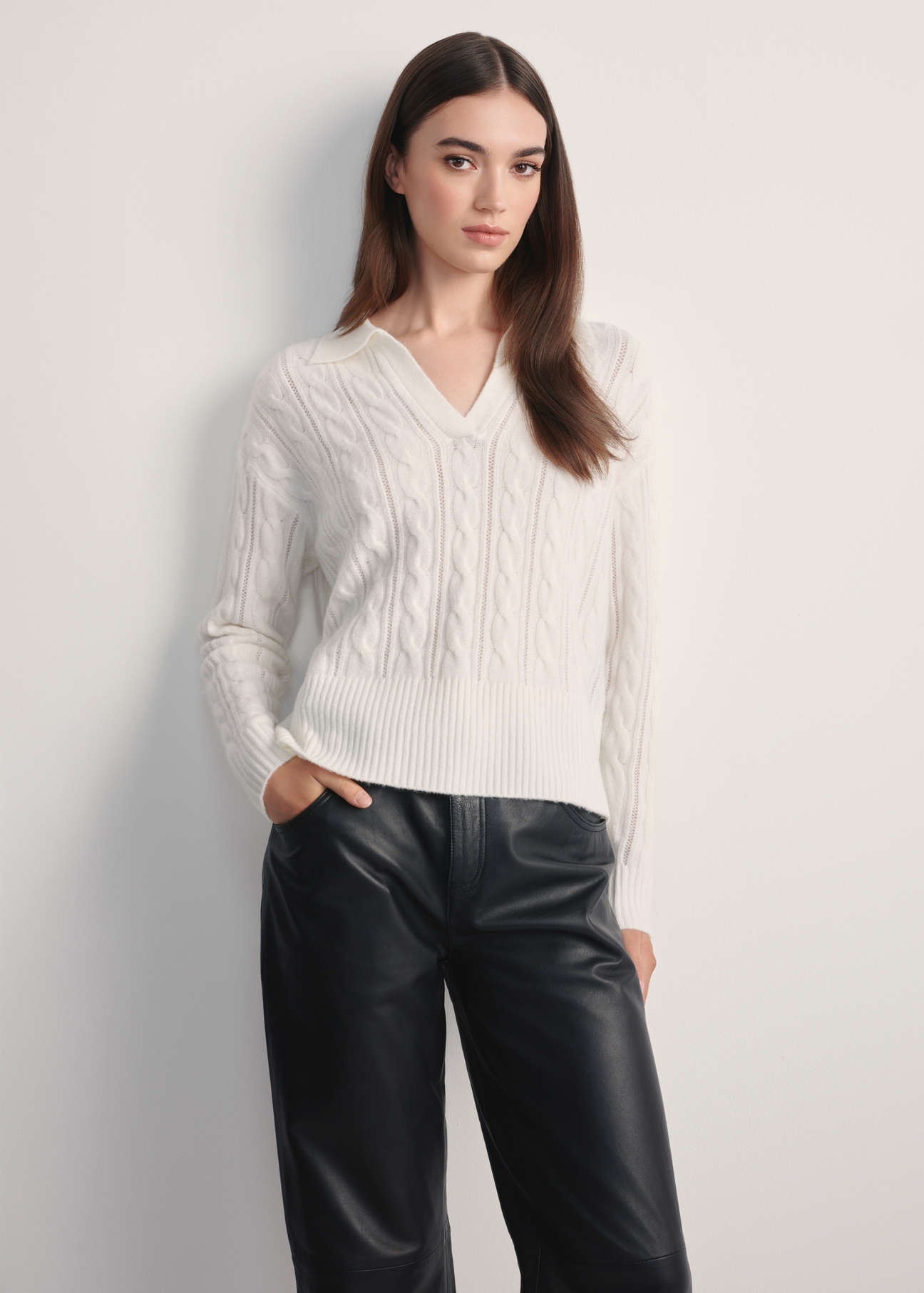 Cream women's sweater SWEDT-0254-12(Z25), front view of the product on the model. Half of the silhouette visible.