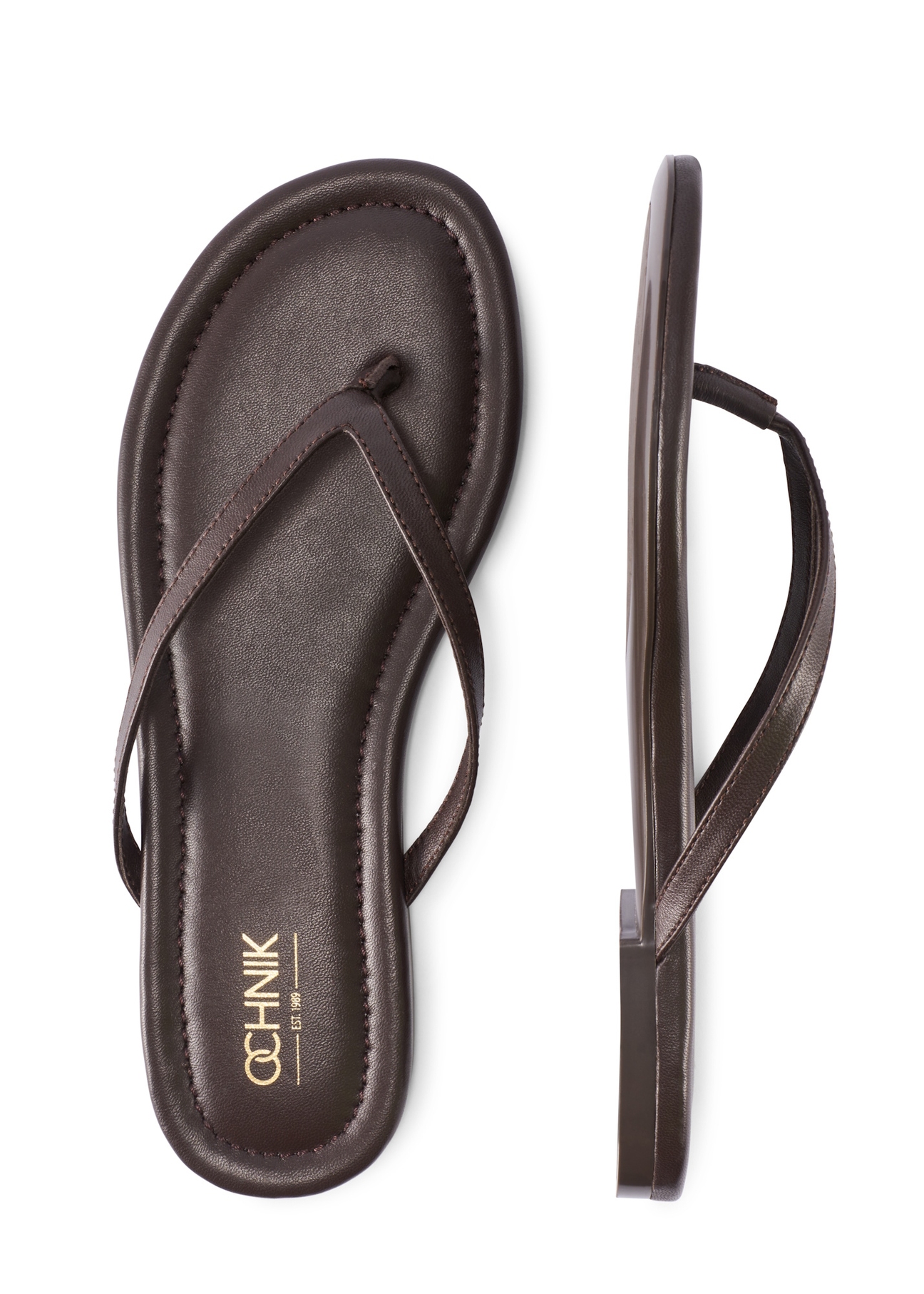 Women's dark brown leather flip-flops BUTYD-1271-1I(W26), product view from above on a white background.