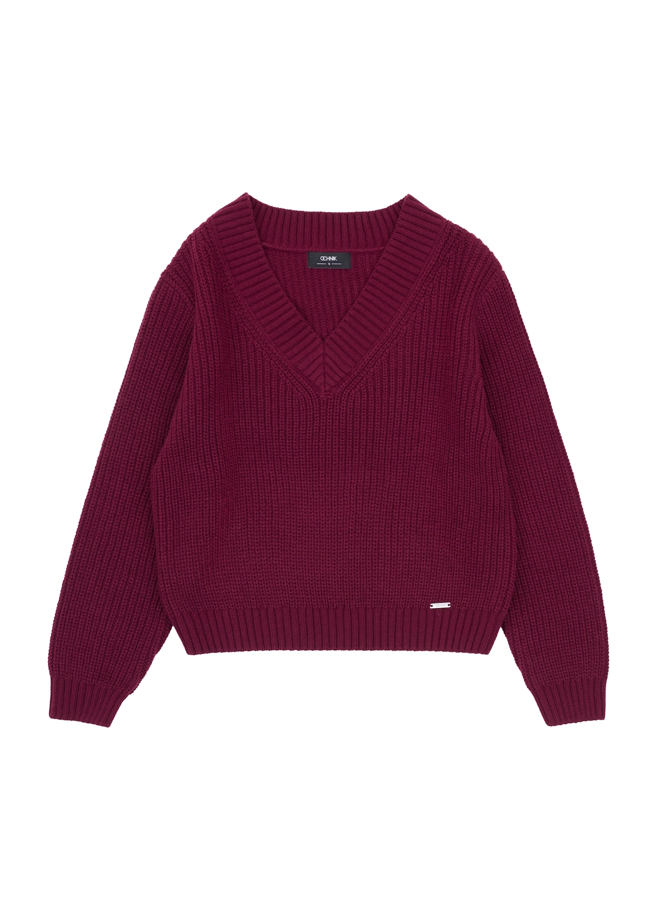 Burgundy women's V-neck sweater SWEDT-0162-49(Z25), product visible from the front, on white background.