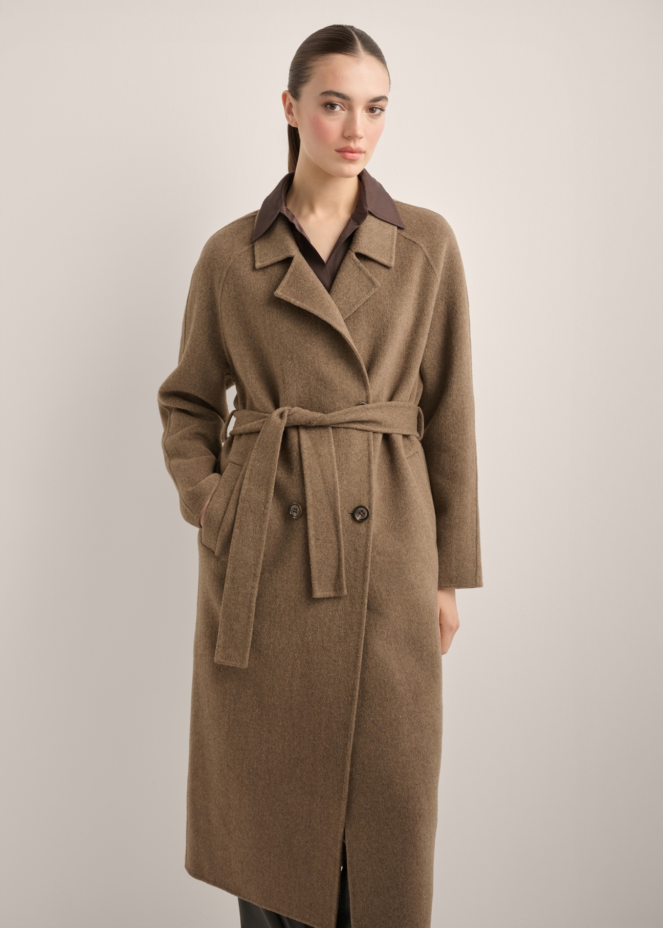 Women's long brown wool coat PLADT-0070-1K(Z26) - front product view, on white background. Half silhouette visible.