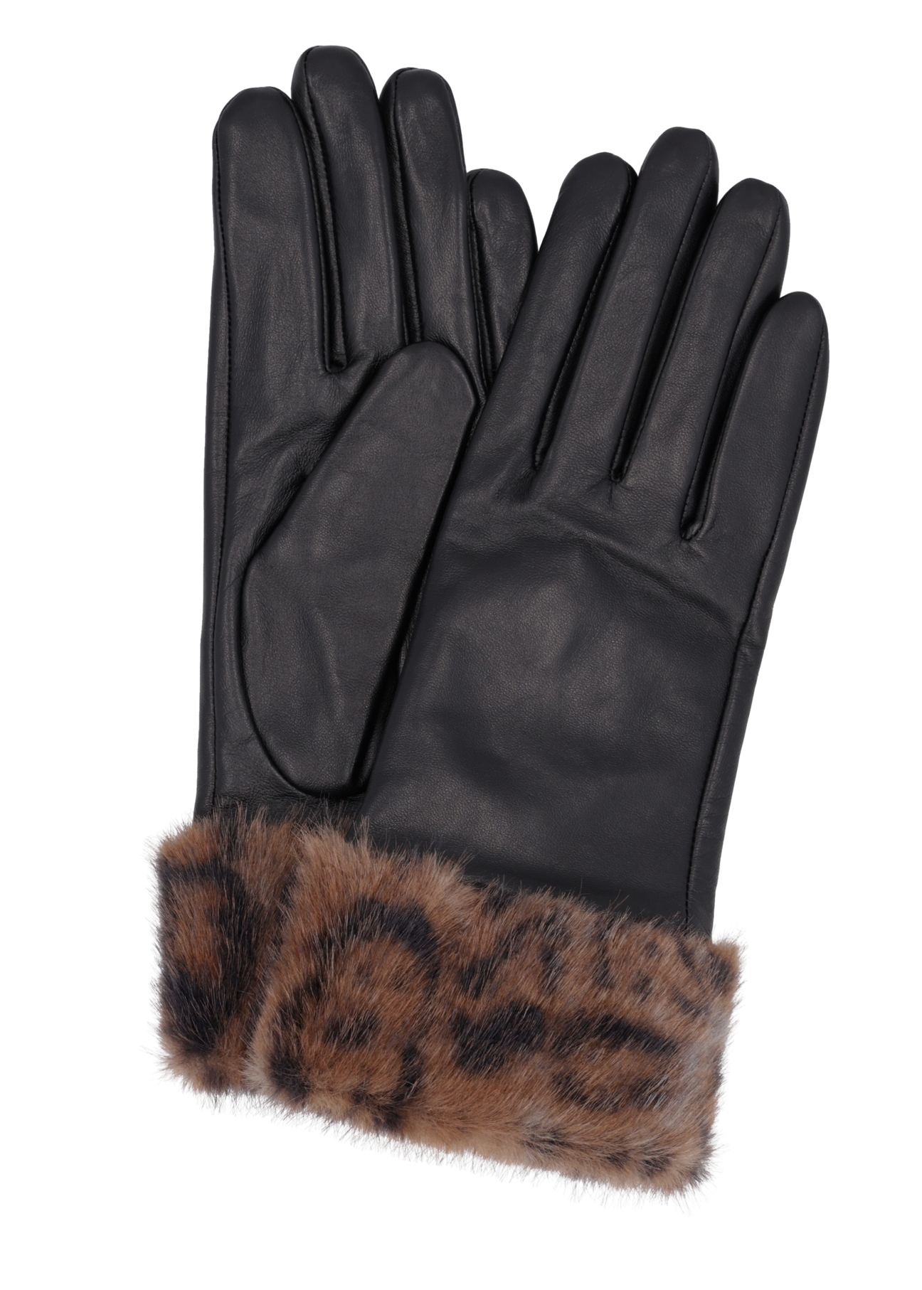 Women's black leather gloves with fur REKDS-0110-99(Z26), product view from above on white background.