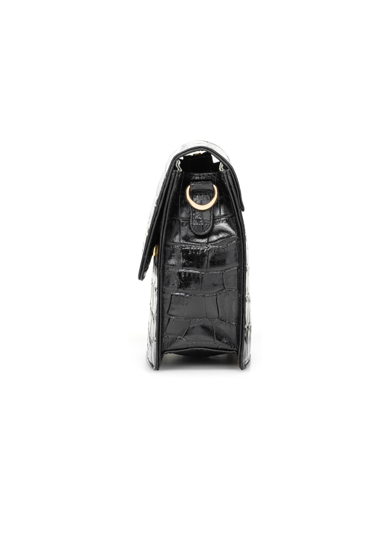 Black small croco leather handbag TORES-1233-9G(W26), product view from the side, on a white background.