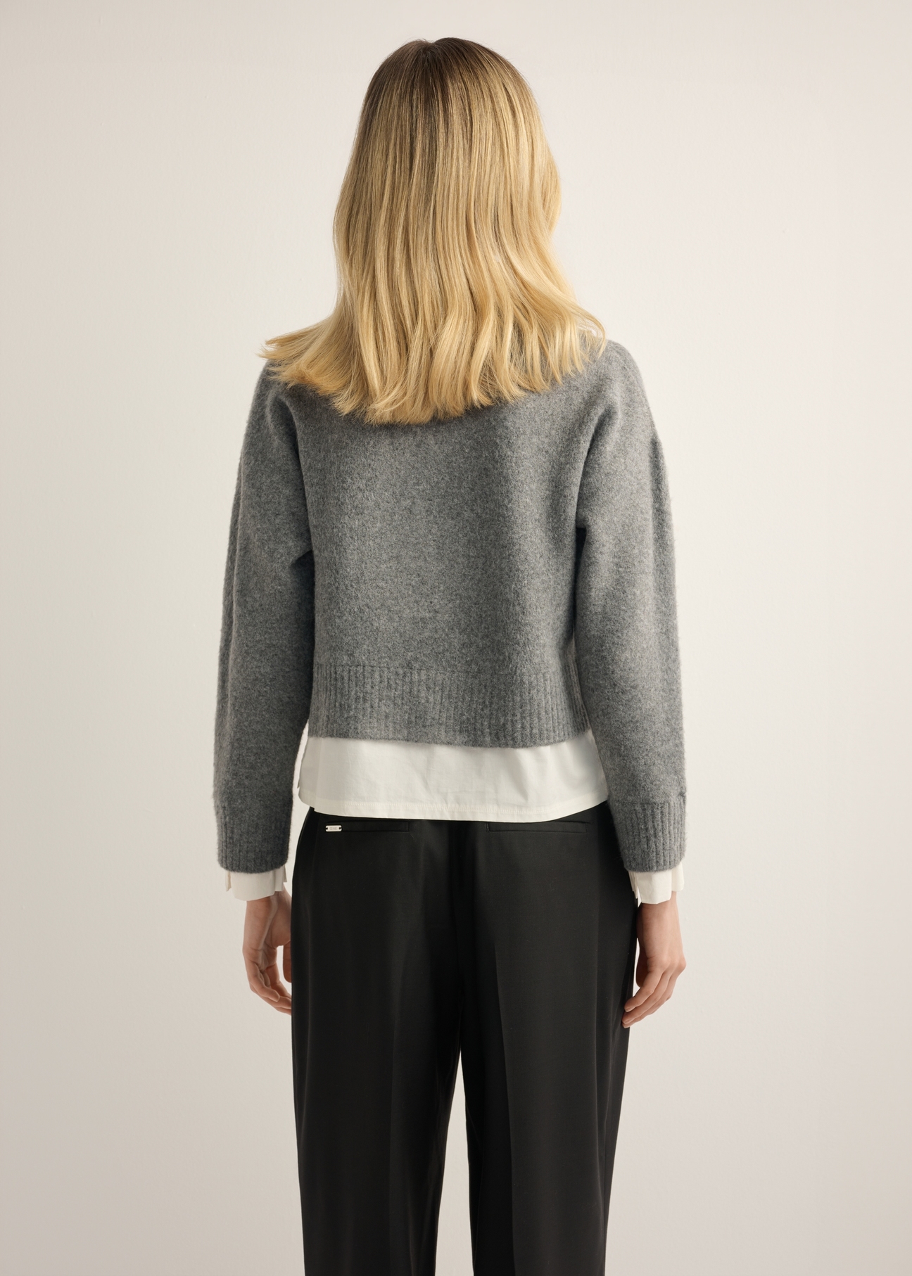 Gray women's sweater with collar SWEDT-0264-9D(Z26), back view of the product. Half of the silhouette visible.