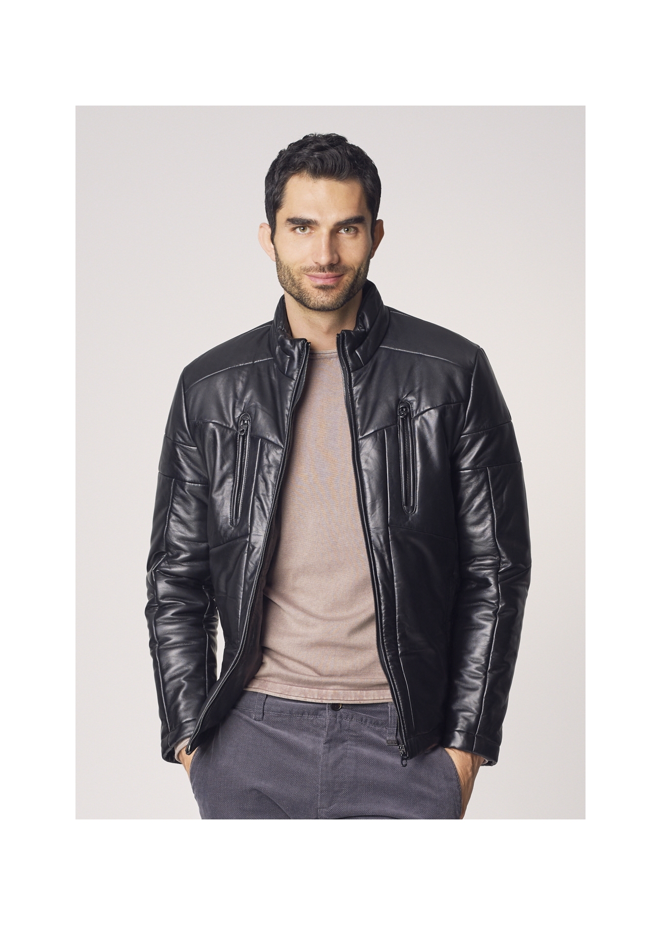 Men's short leather jacket with insulation KURMS-0248-5506(Z21)-01