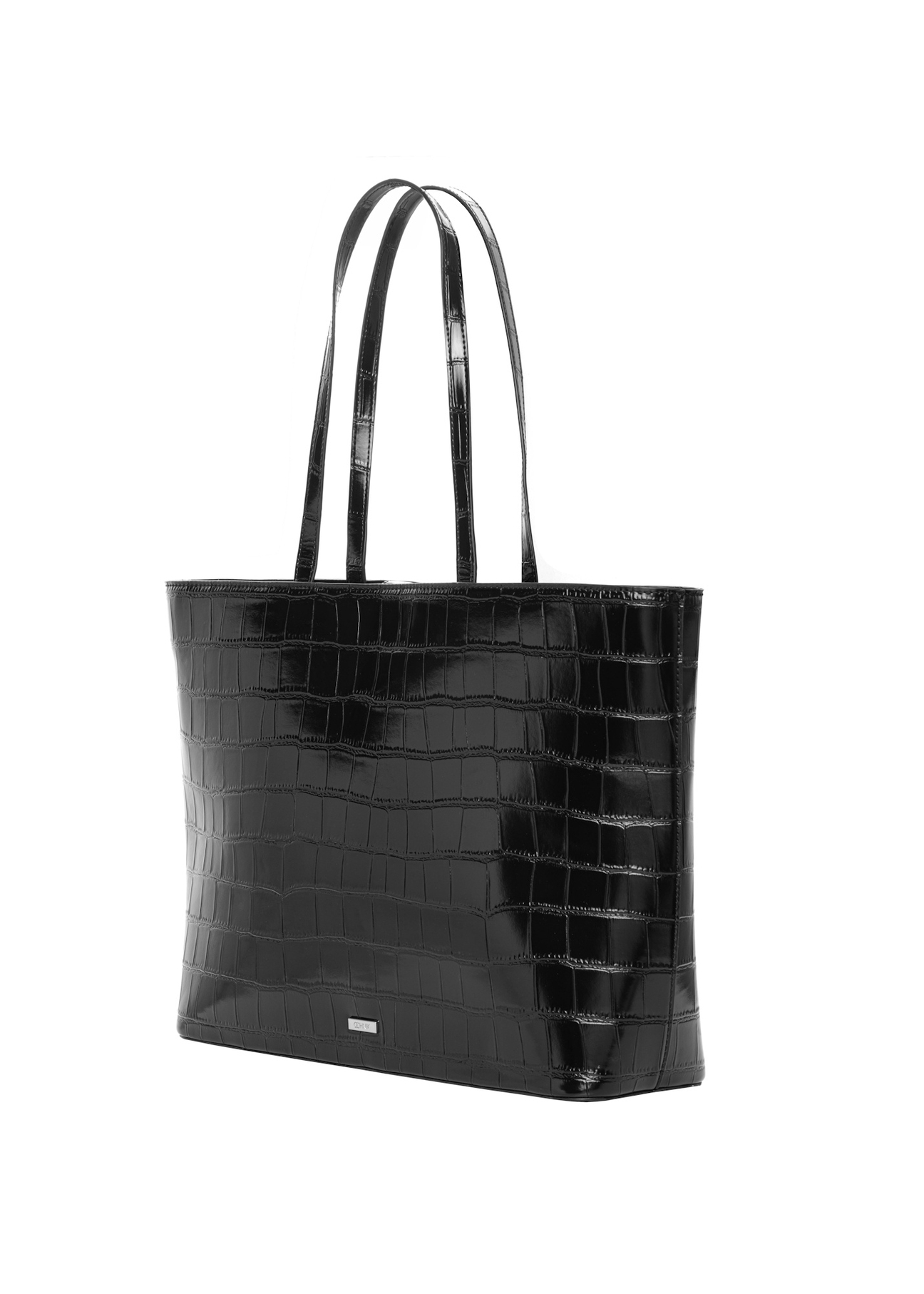Black croco shopper bag TOREC-1242-9G(Z26), diagonal product view on white background.