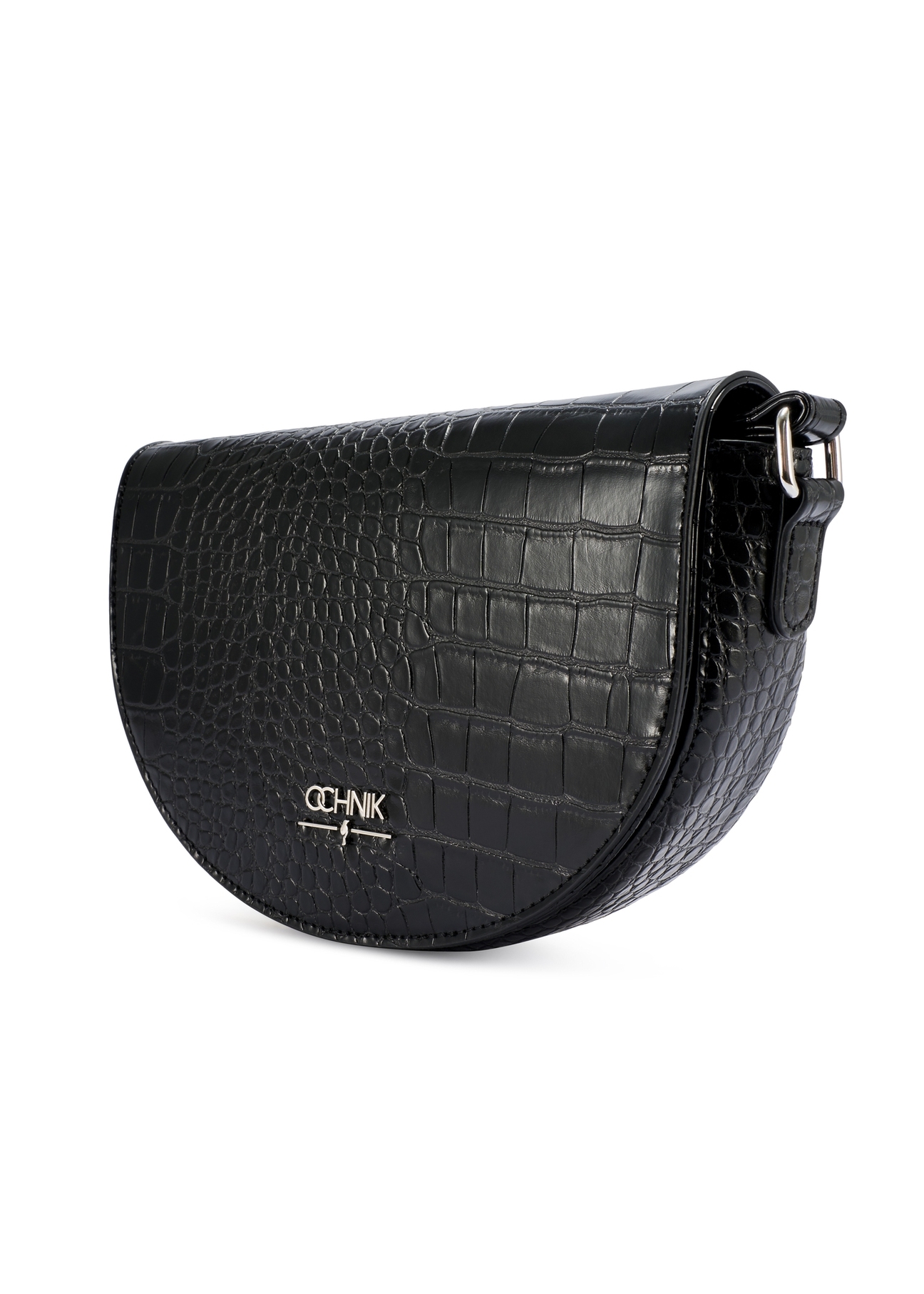 Black semi-circular croco women's messenger bag TOREC-1184-9G(W26), diagonal product view on a white background.