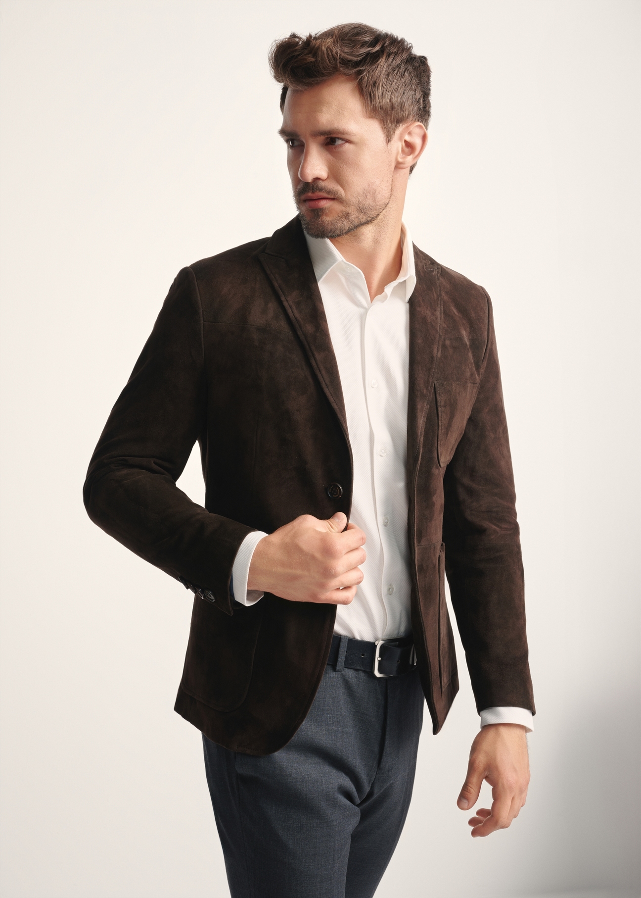 Men's brown suede jacket KURMS-0387-2880(Z25) - front product view on model on white background.