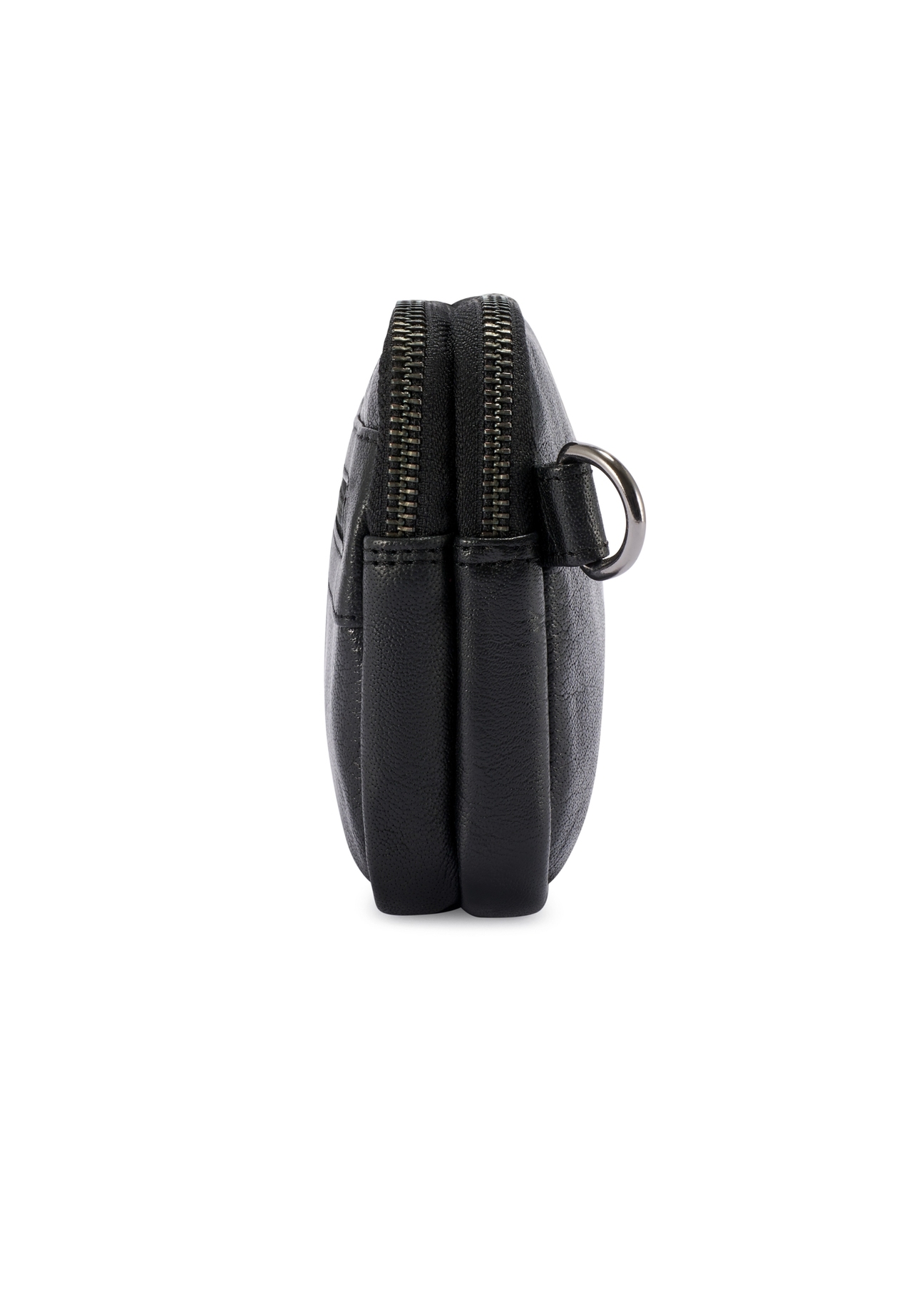 Small black leather men's bag TORMS-0492-99(W26), product view from the side on a white background.