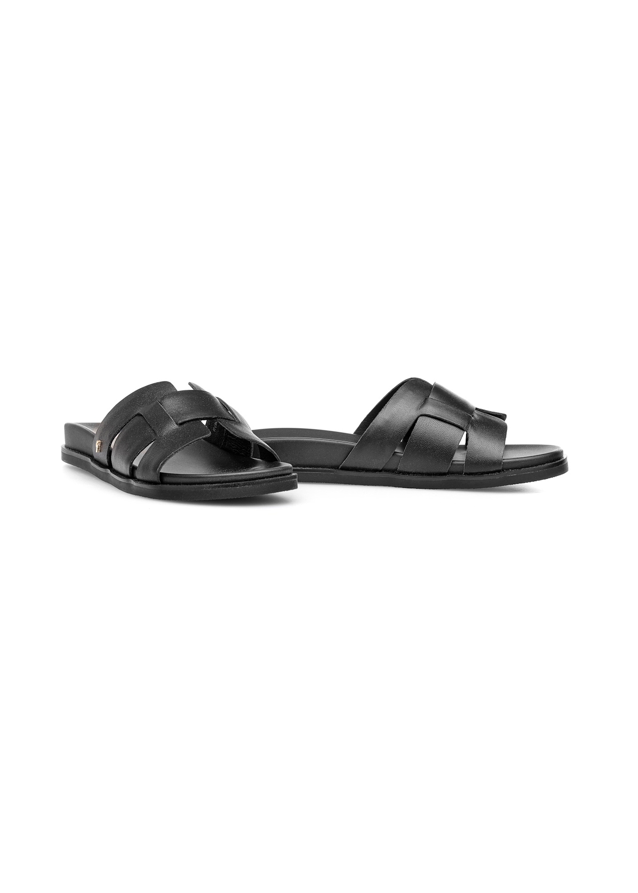 Black leather women's flip-flops BUTYD-1163-99(W25), front product view on white background.