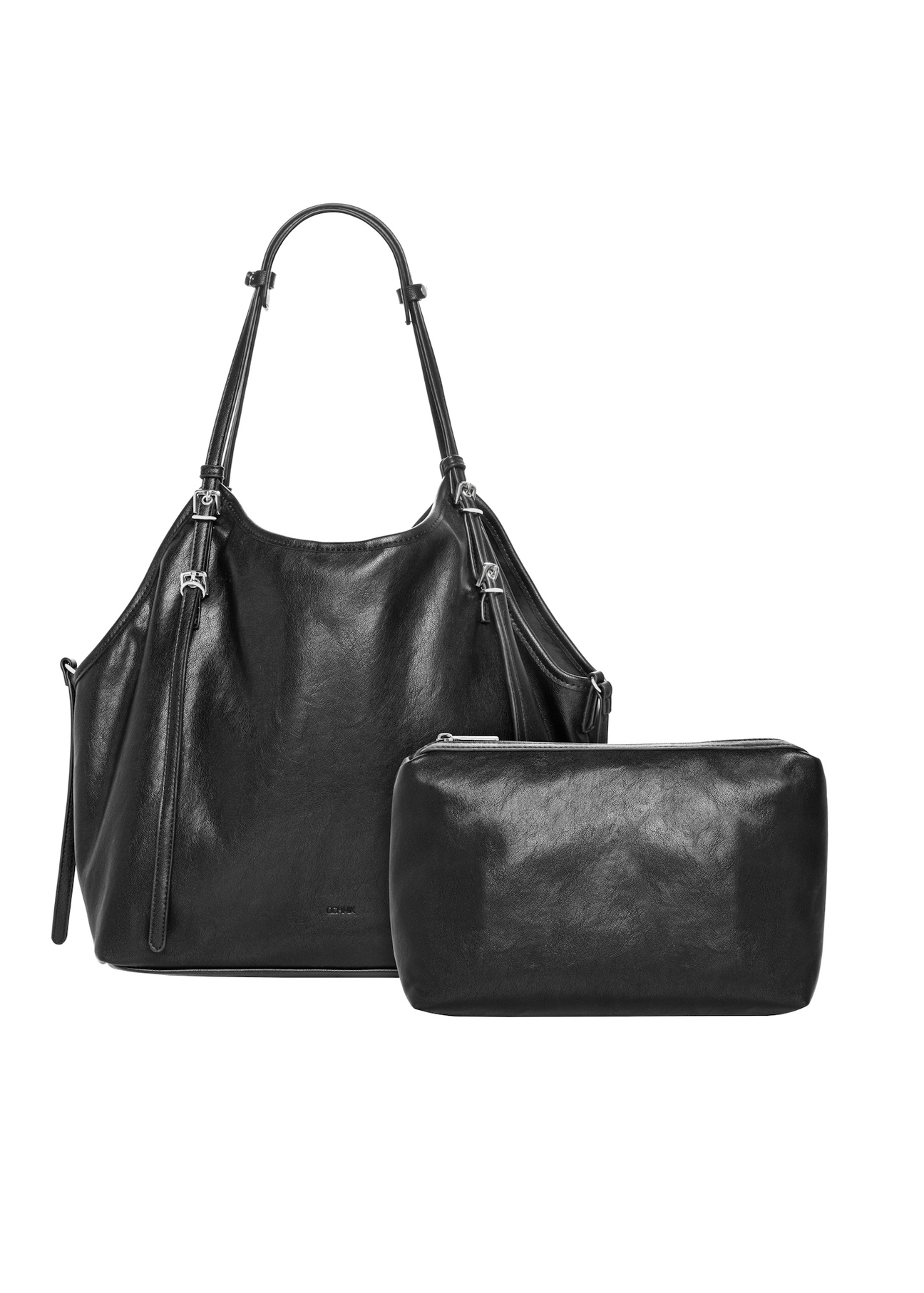 Women's black imitation leather shopper bag TOREC-1371-99(Z26), product view with cosmetic bag on white background.