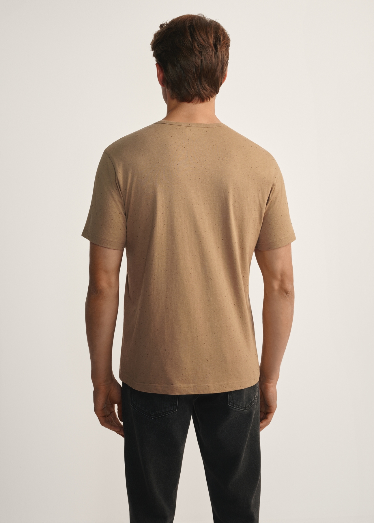 Men's camel T-shirt TSHMT-0130-24(Z25), product view from the back on the model, half of the silhouette visible.