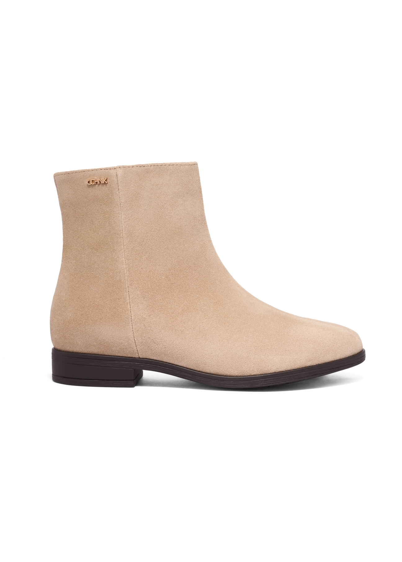 Women's suede ankle boots in cool beige color BUTYD-1193-1K(Z26), side views of the product on a light background.