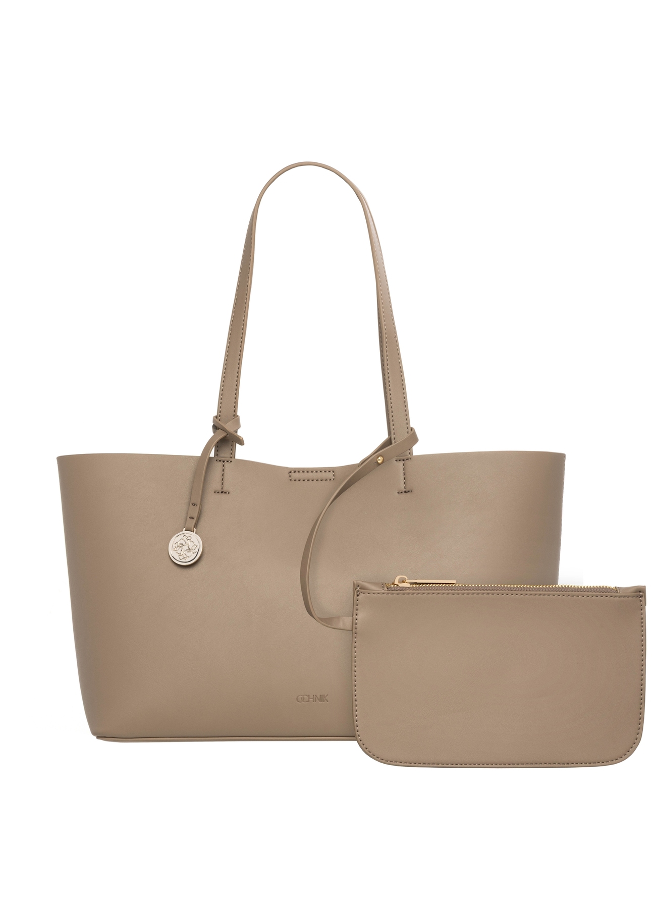 Large women's handbag in cool beige color TOREC-1258-1K(Z26), product view from the front with a detachable cosmetic bag on a white background.