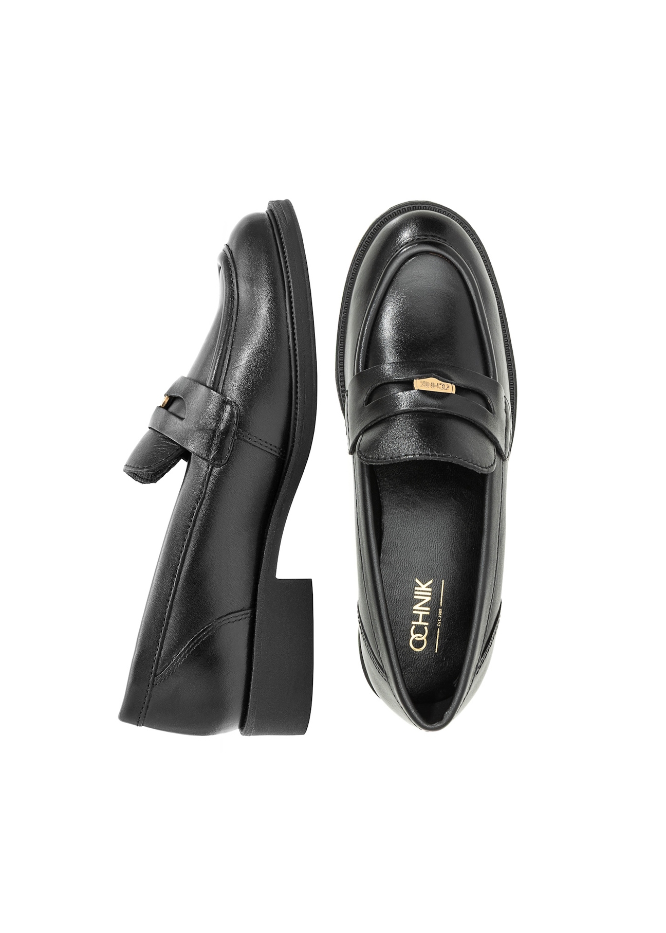 Women's black leather moccasins with logo BUTYD-1199-99(Z25), product view from above on white background.