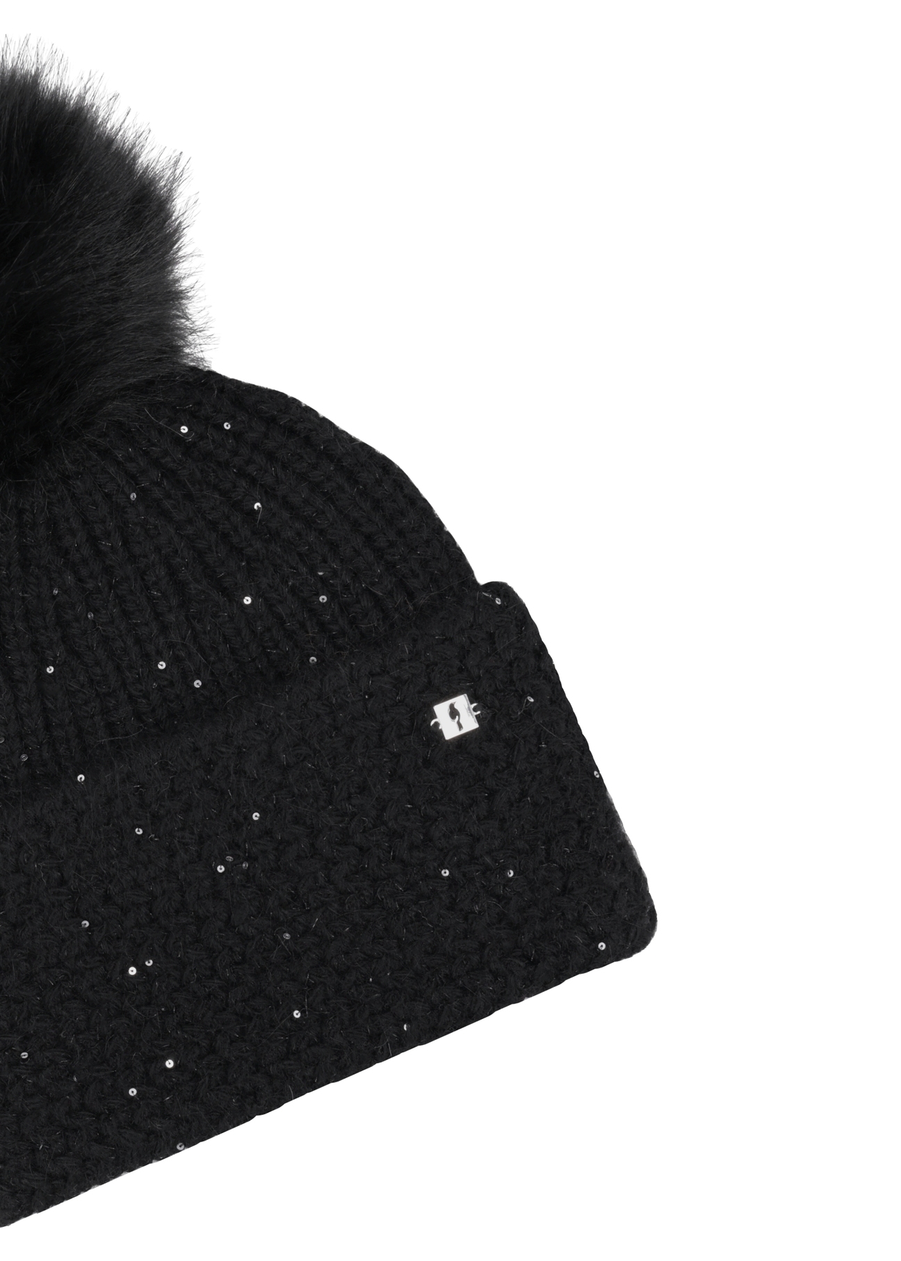 Black women's hat with pompom CZADT-0217-99(Z26), close-up of the product detail on a white background.