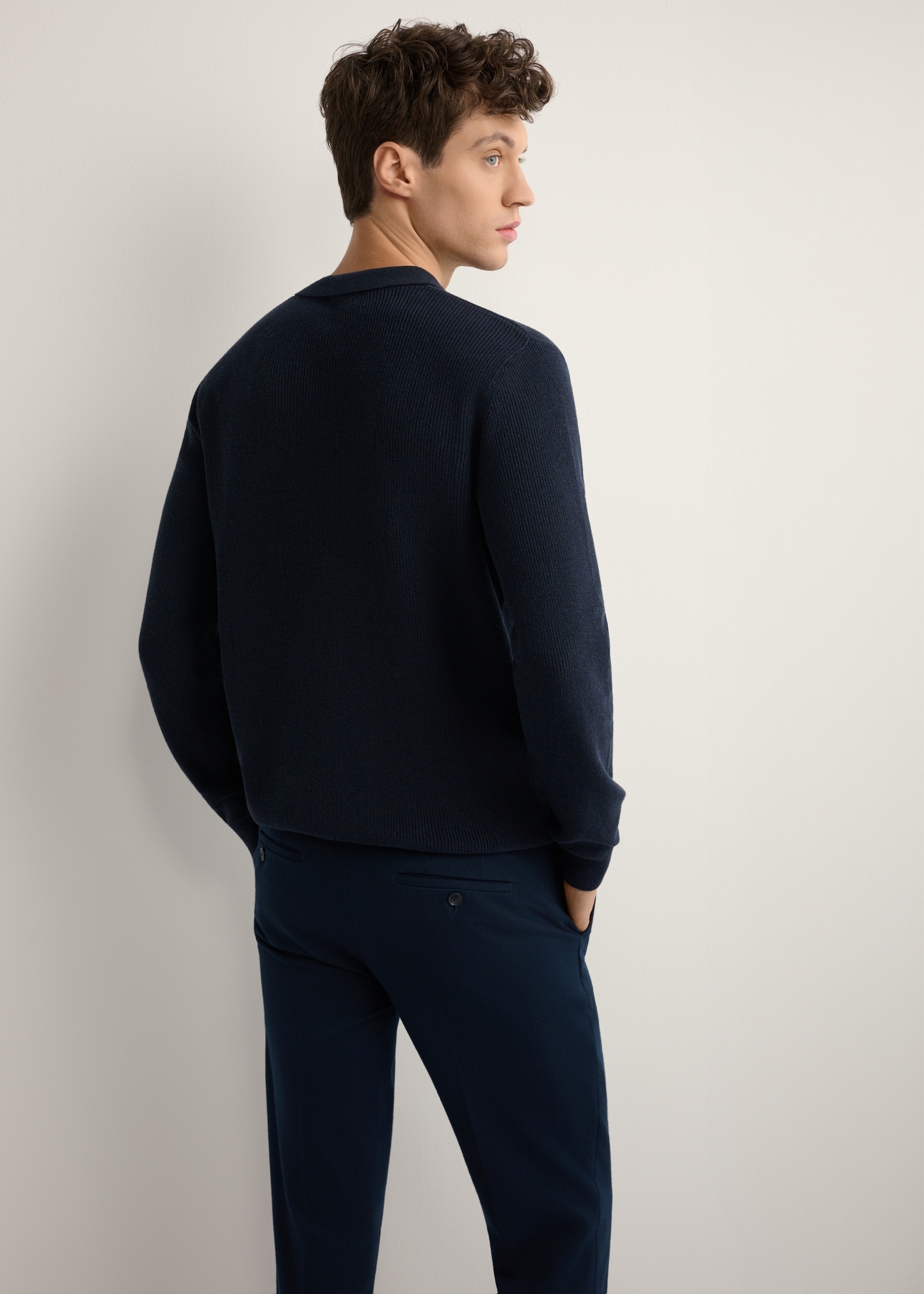 Navy blue cotton men's sweater SWEMT-0188-7E(W26), back view of the product on the model. Half of the silhouette visible.