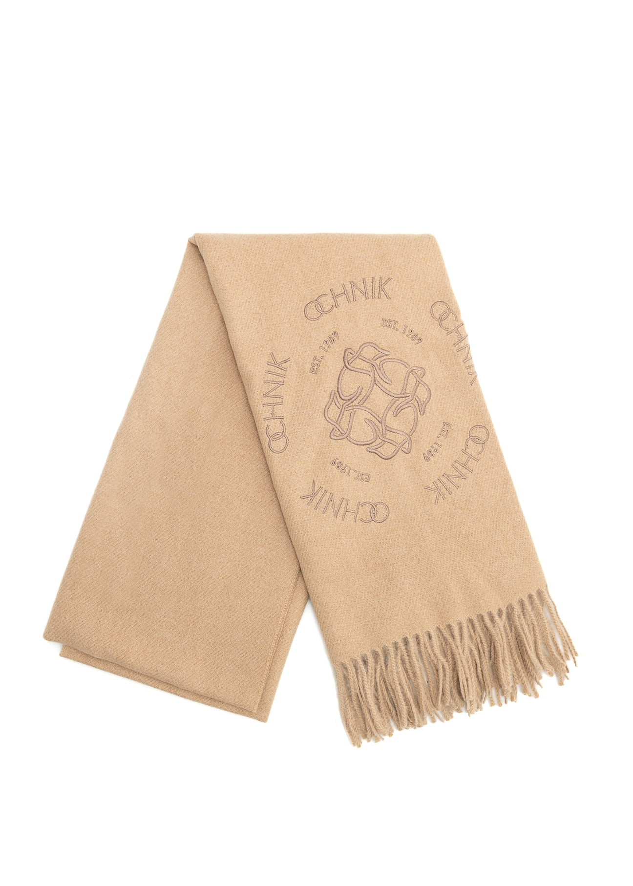 Beige women's scarf with a wool blend SZADT-0146-81(Z25), view of the folded product on a white background.