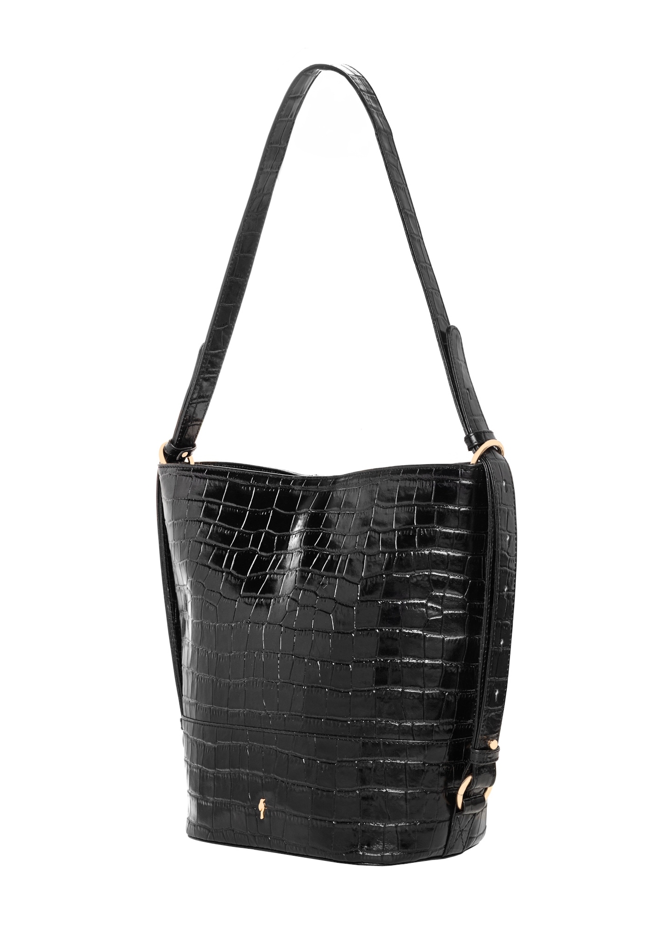 Black leather handbag with a crocodile-effect finish, model TORES-1417-9G(Z26); angled product view on a white background.