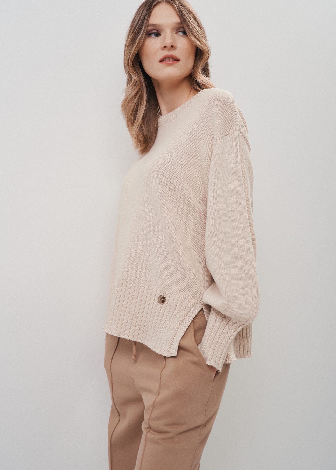 Cotton beige women's basic sweater SWEDT-0199-81(Z23)-01
