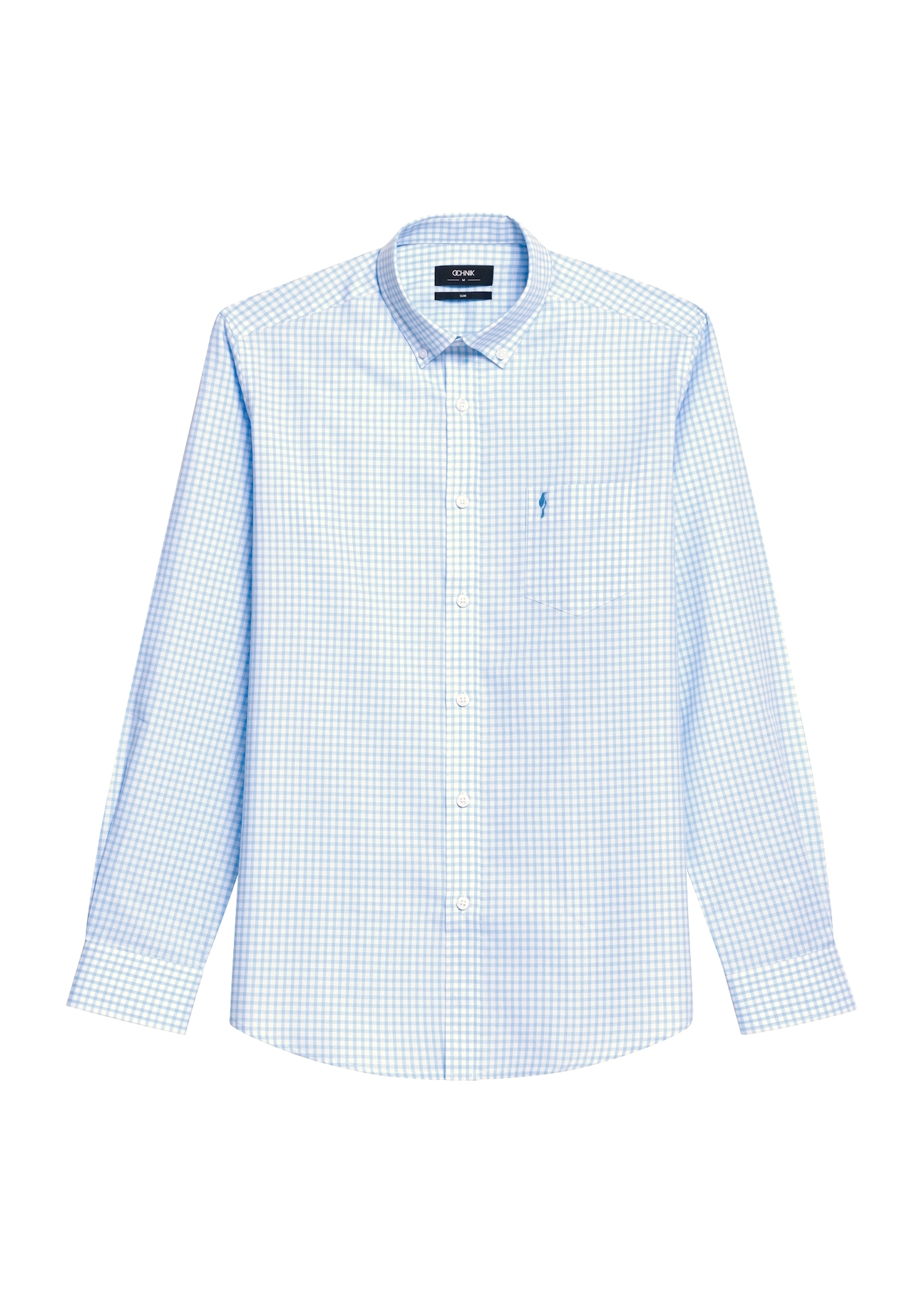 Men's light blue checkered cotton shirt KOSMT-0277-58(Z25), product view from the front on a white background.