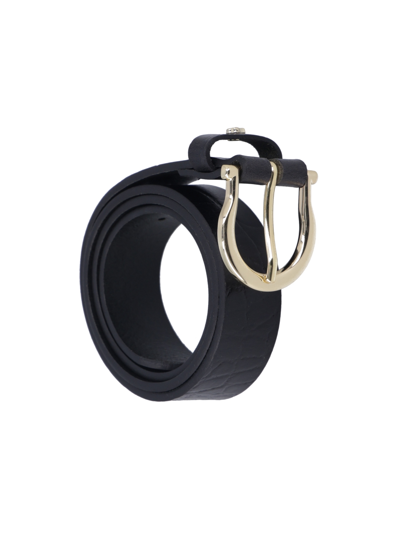 Black leather women's belt with animal motif PASDS-0274-9G(Z26), diagonal product view on white background.