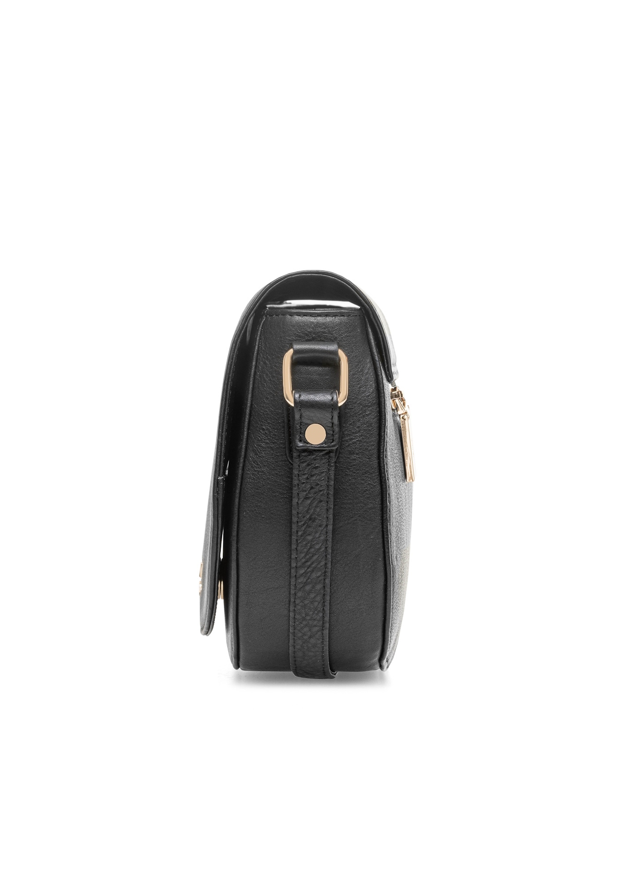 Black leather semi-circular messenger bag TORES-0972E-99(Z25), side product view on white background.