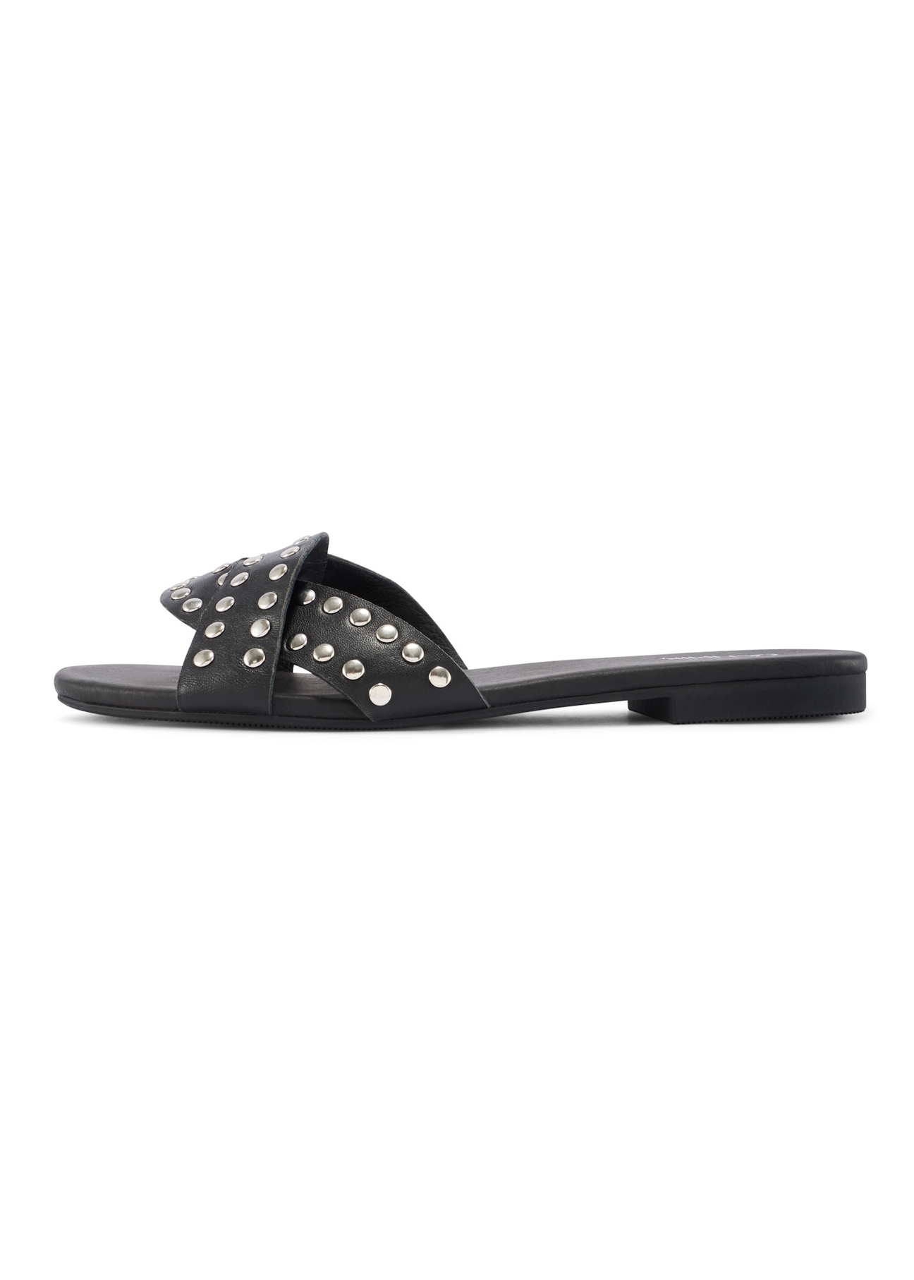 Women's black leather mules with rhinestones BUTYD-1226-99(W26), side view of the product on a white background.