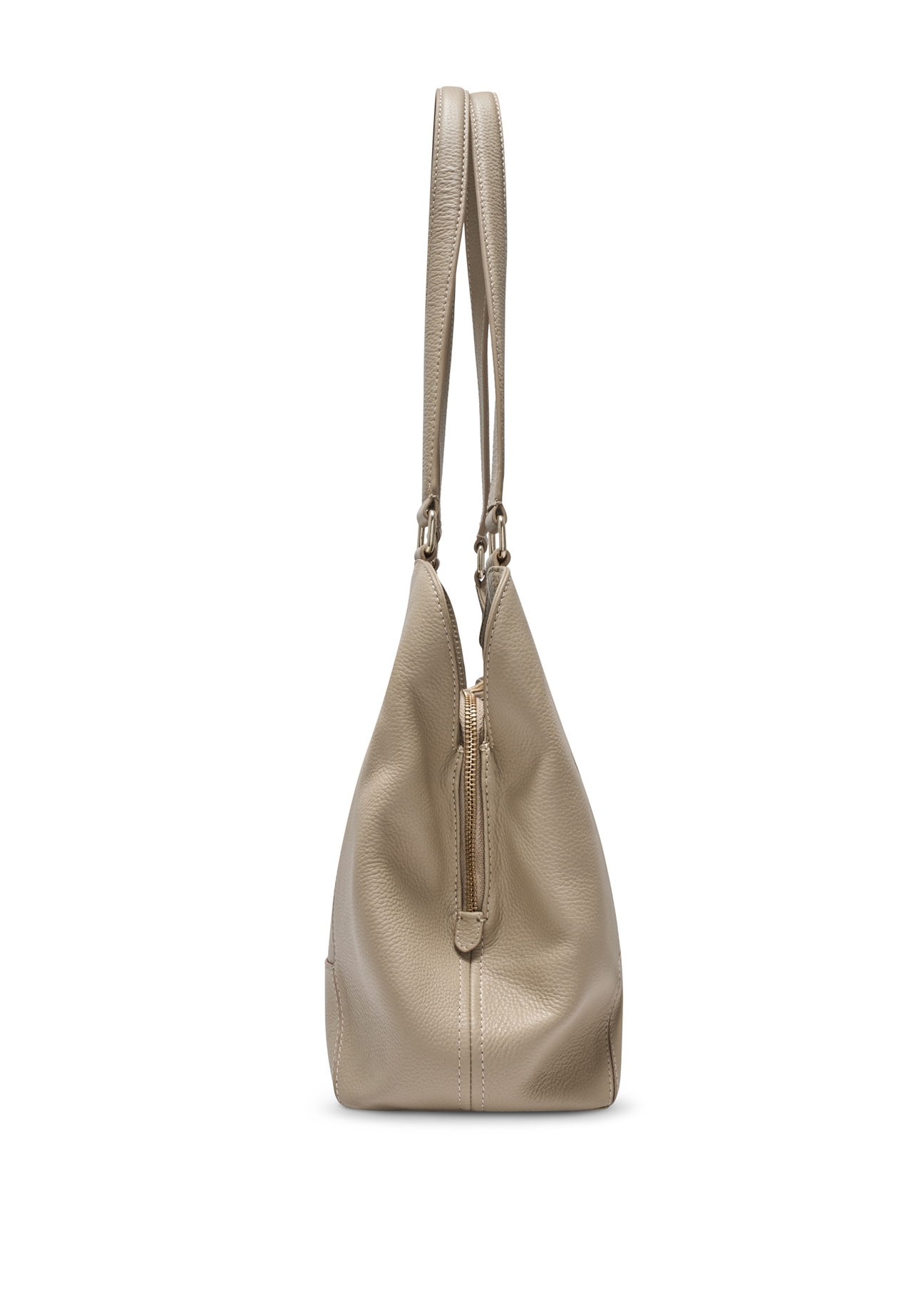 Beige leather women's shopper handbag TORES-1264-1B(W26), side product view on white background.