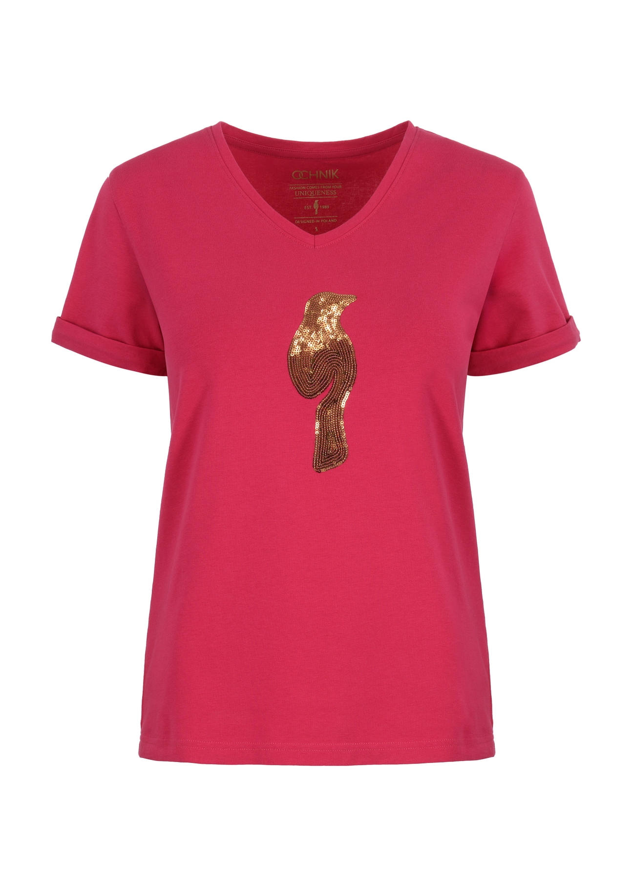 Pink Women's T-shirt with oriole applique TSHDT-0116-31(Z23)-04