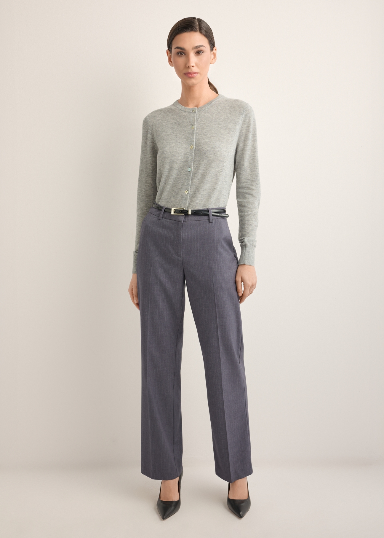 Women's wool cardigan in gray KARDT-0065-9B(Z26), front view of the product on the model. Full body visible.
