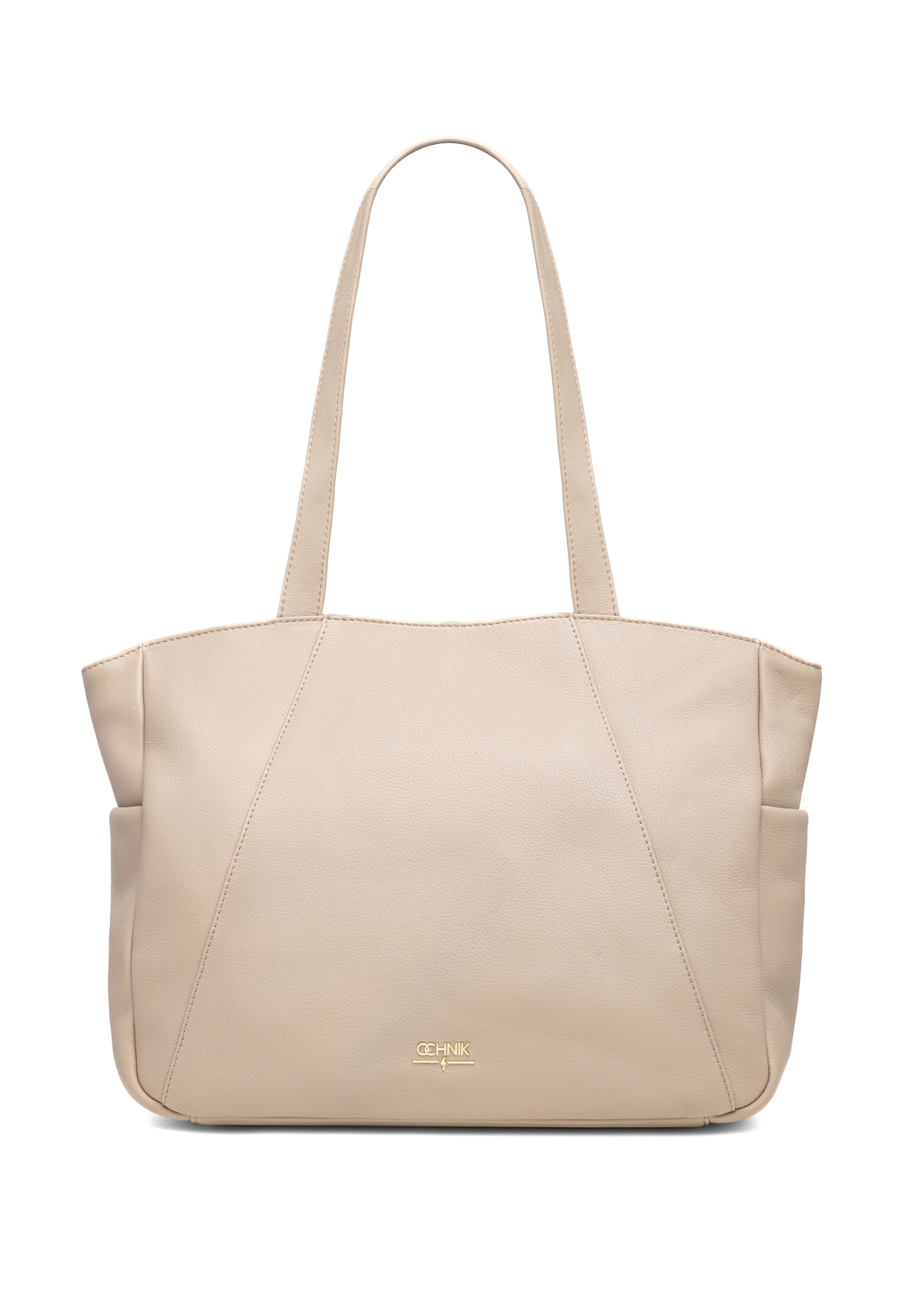 Beige leather women's shopper bag TORES-1255-1A(W26), product view from the front on a white background.