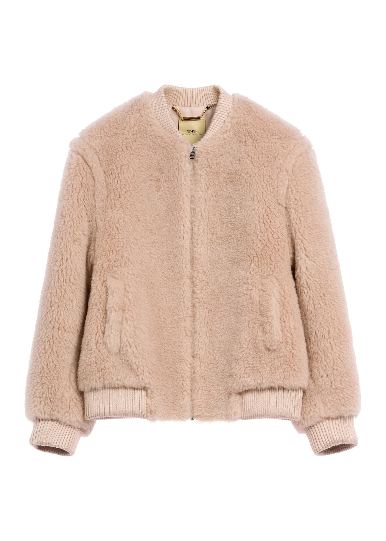 Beige short women's wool fur coat FUTDW-0045-1B(Z26), front product view on white background.