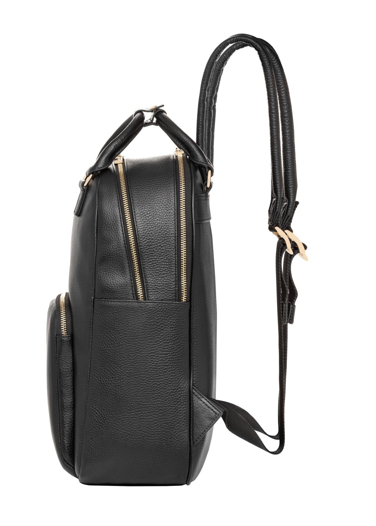Black leather women's backpack TORES-1339-9I(Z26), product view from the side on a white background.