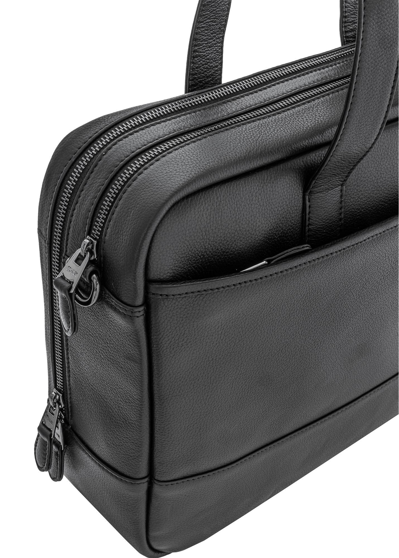 Black leather men's bag TORMS-0015R-9I(W26) - close-up detail, on white background.