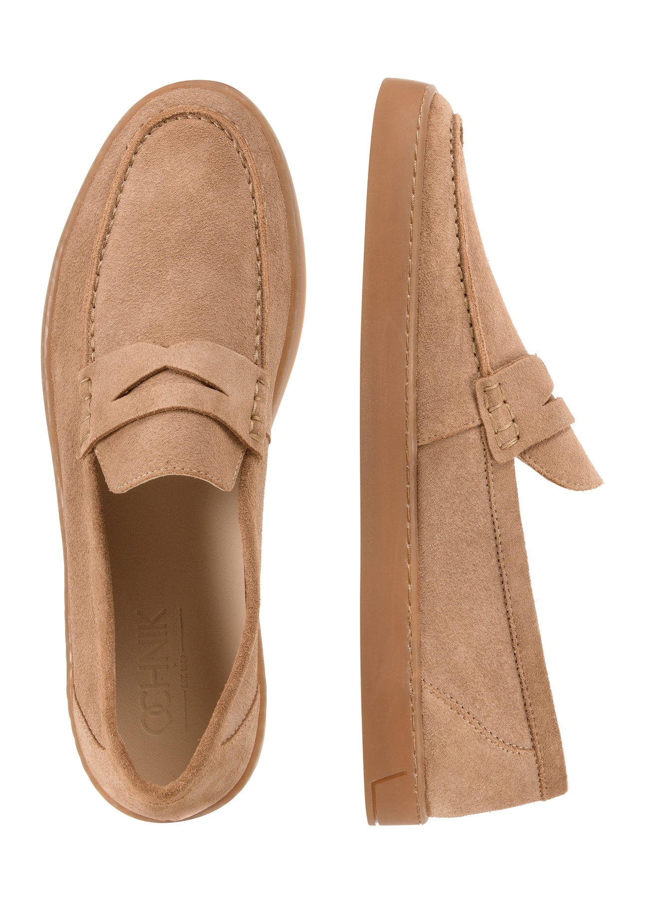 Men's beige leather moccasins BUTYM-0498-1B(W26), product view from above on white background.